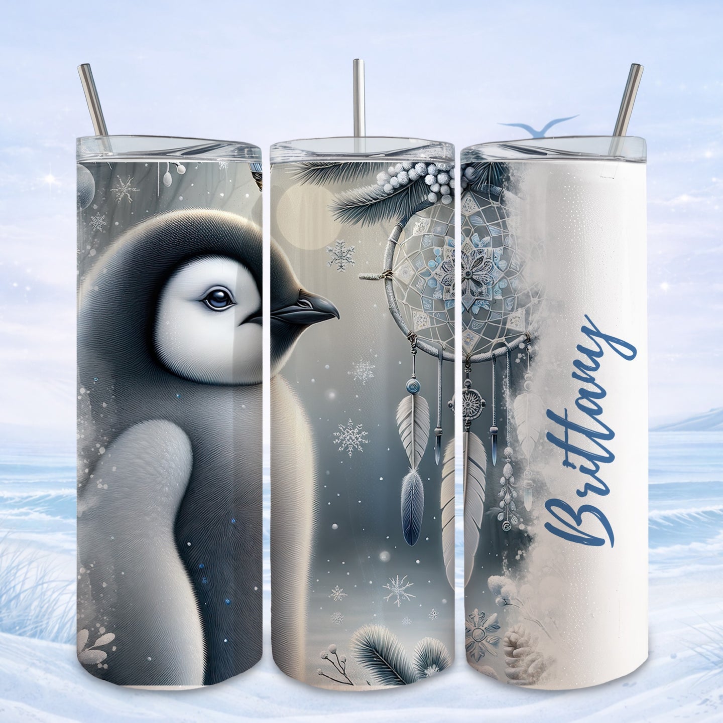 Penguin, dreamcatcher, and "Brittany" text on three white tumblers.