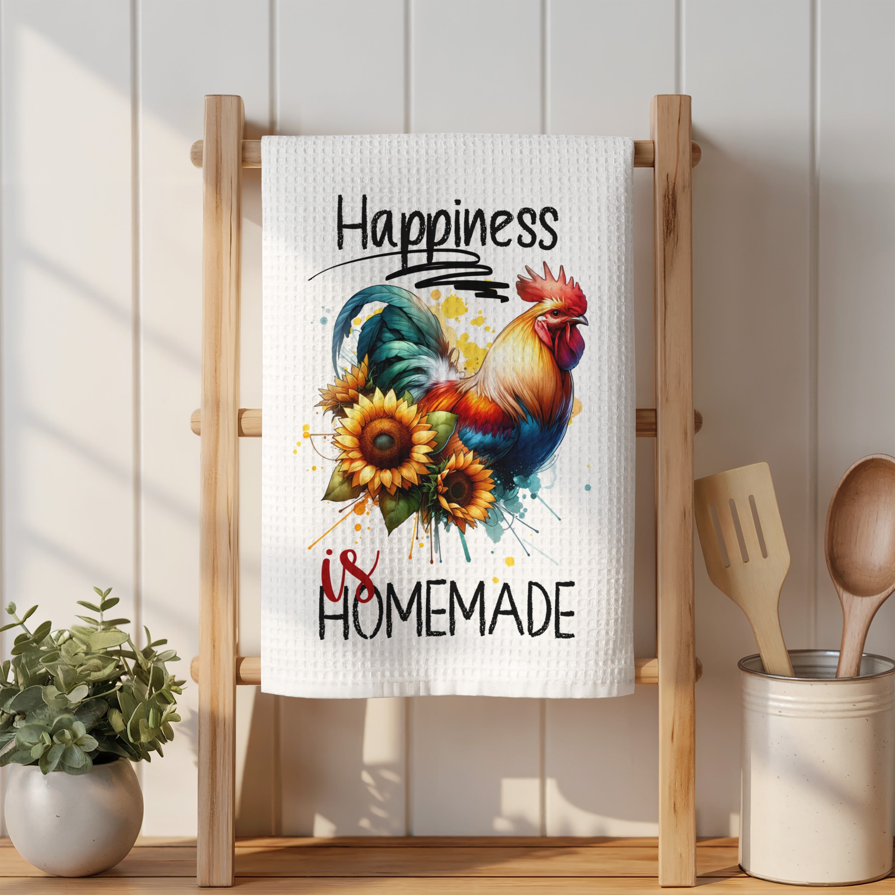 Towel with rooster and sunflowers, reads "Happiness is Homemade".