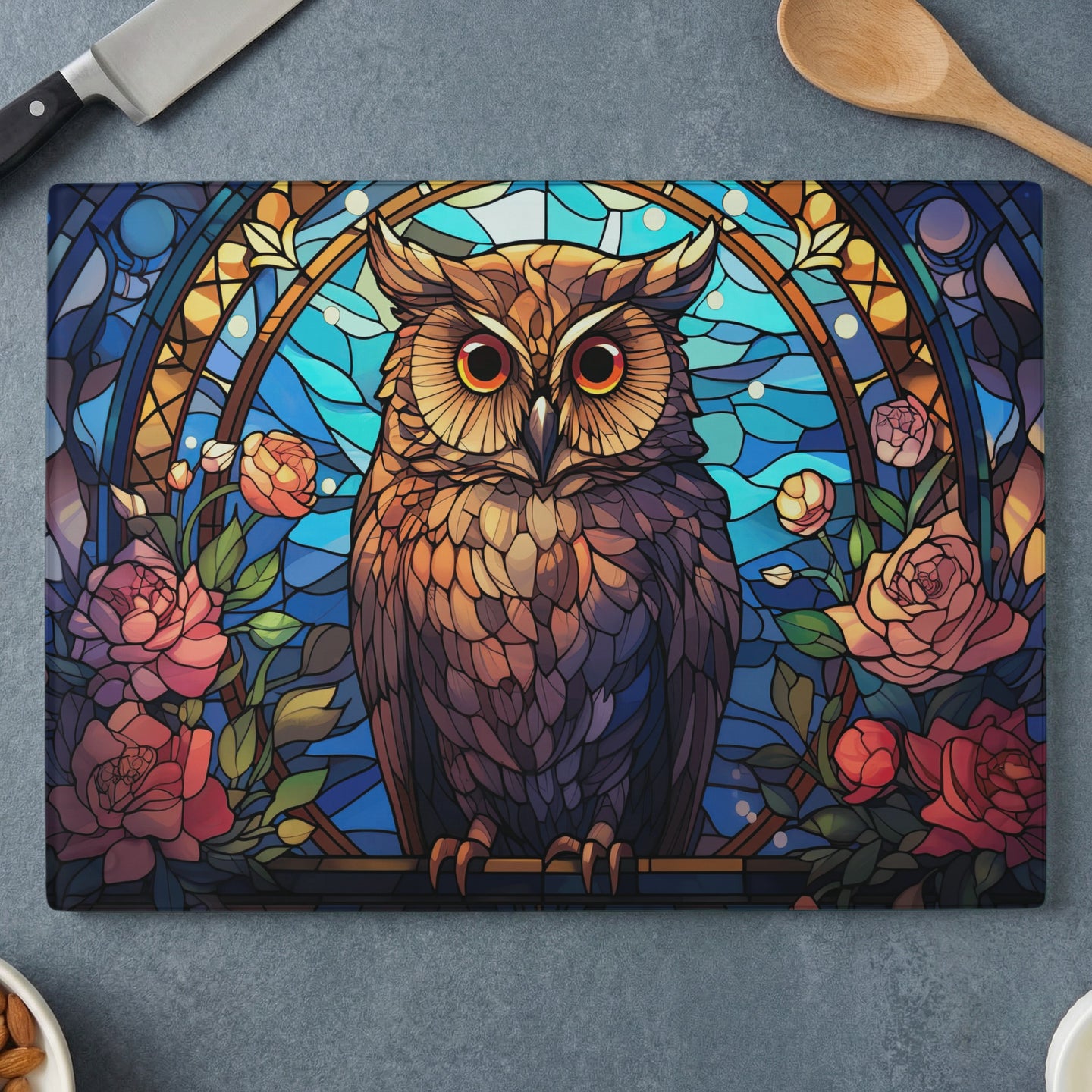 Stained glass owl with roses on a cutting board.