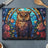 Stained glass owl with roses on a cutting board.