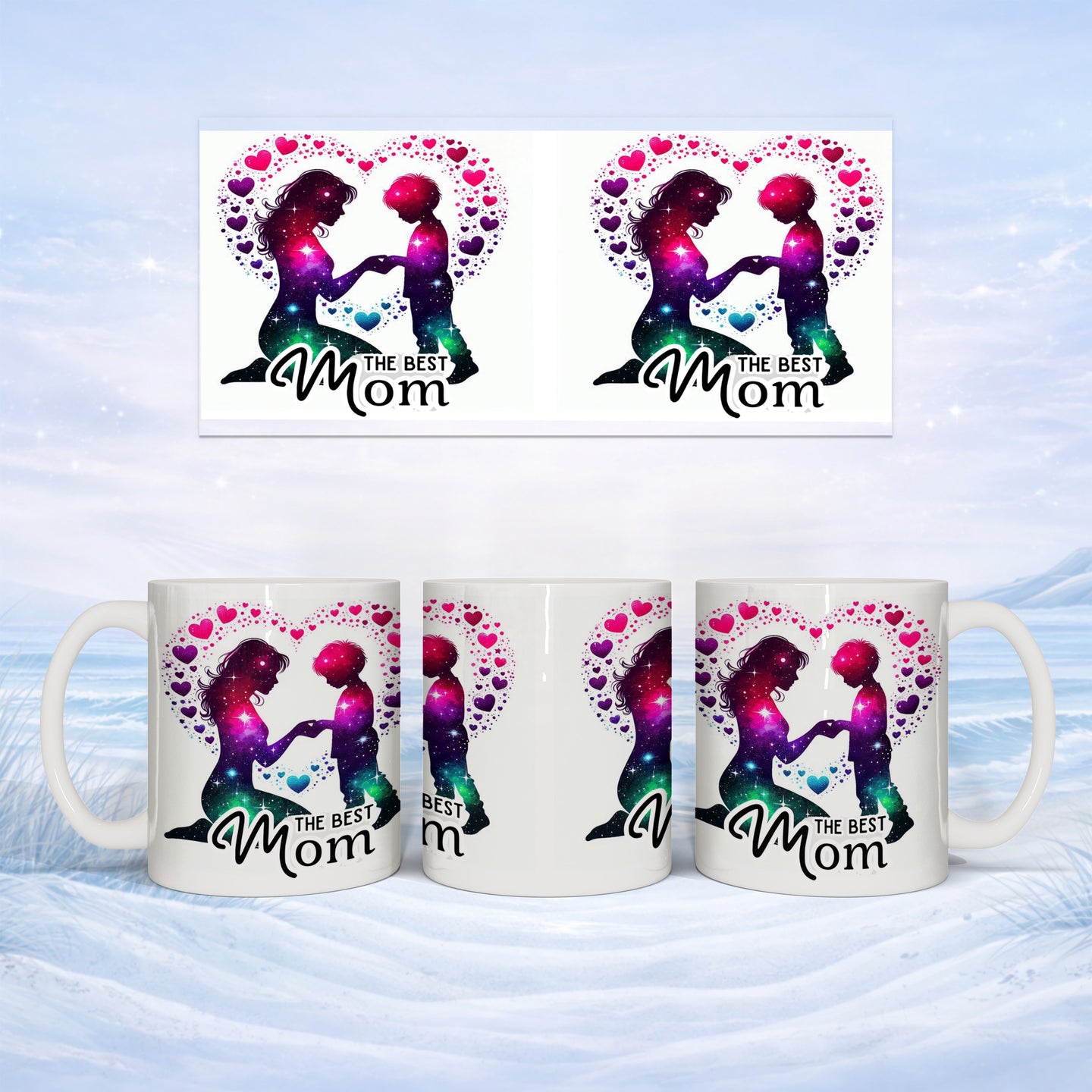 Mug displaying silhouette of mother and child with galaxy-filled heart and "The Best Mom".