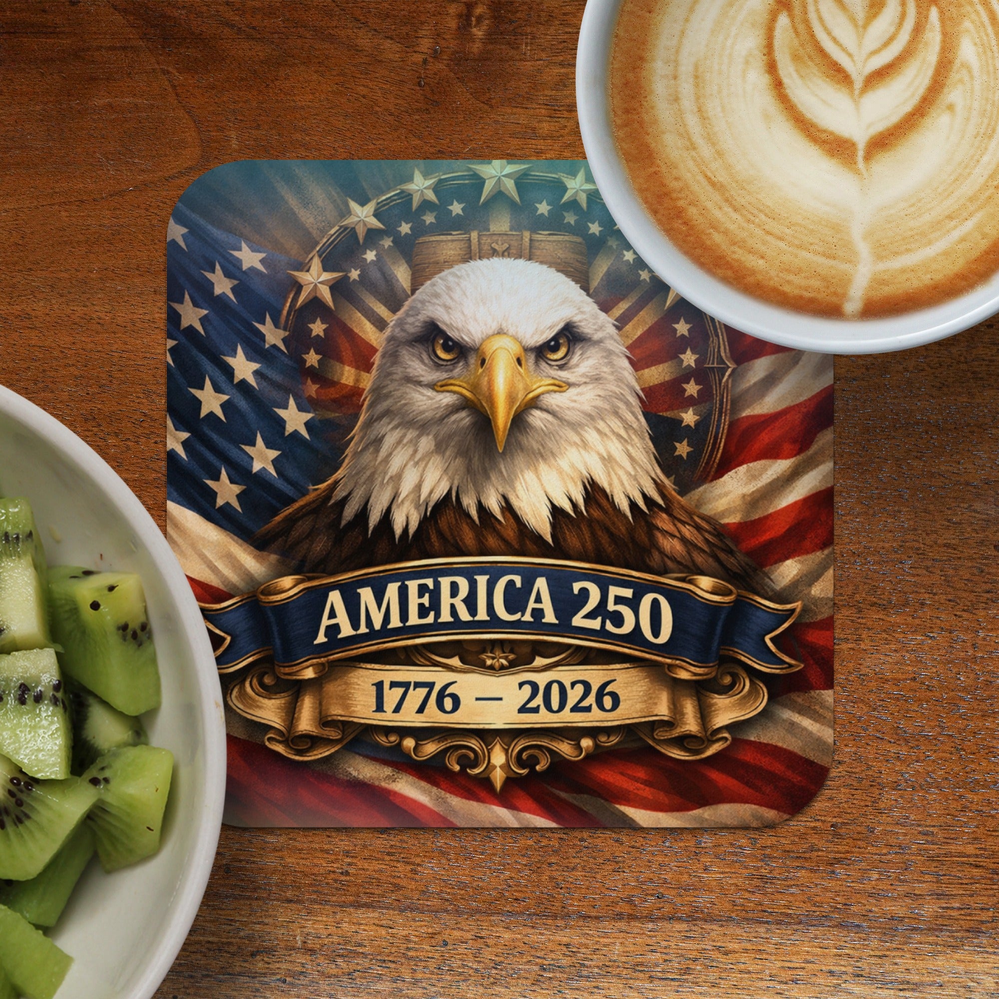 Coaster with eagle, American flag, and "America 250 1776 - 2026" text.