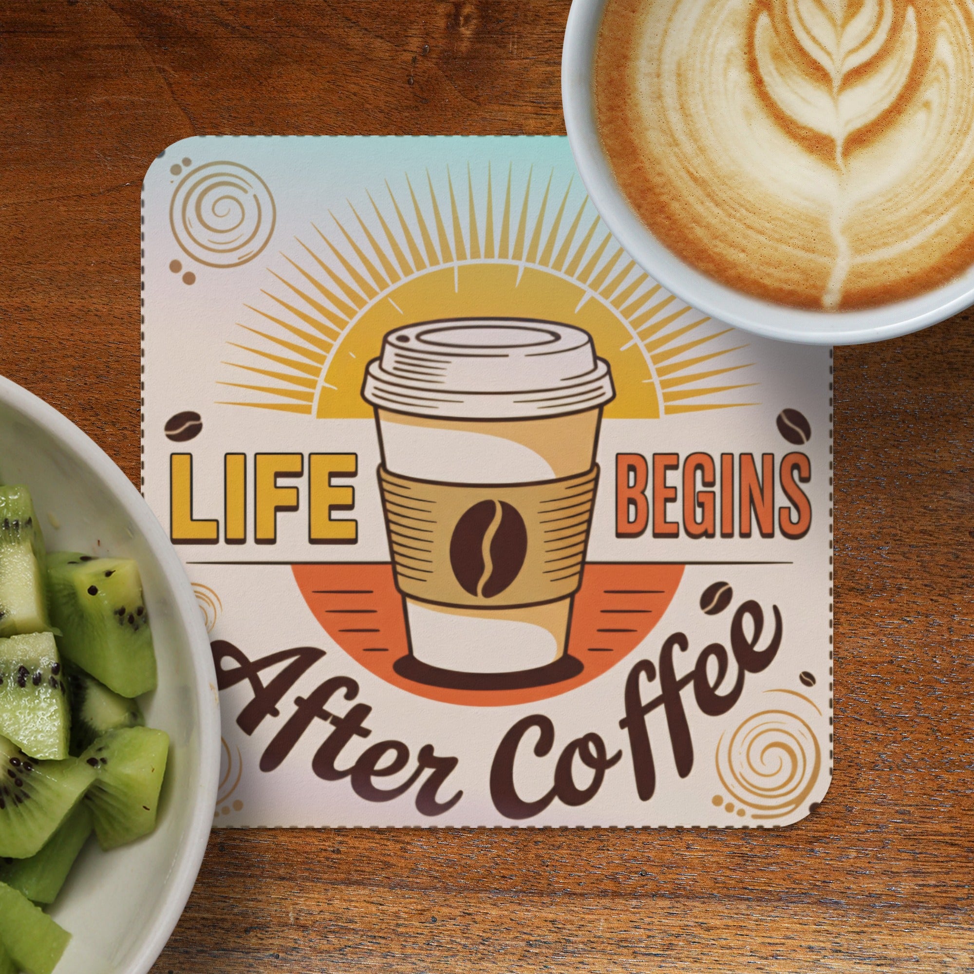 Coffee cup graphic with "Life Begins After Coffee" quote and latte art.