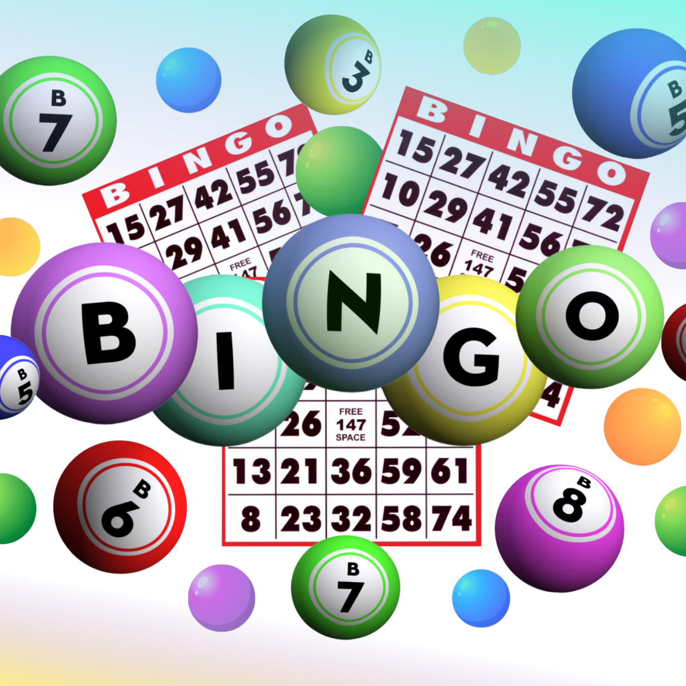Bingo cards and balls with numbers and letters B, N, G, O.