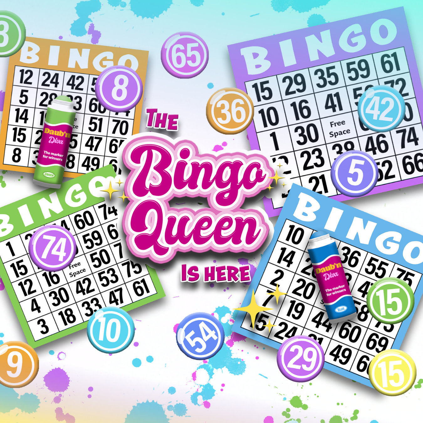 Bingo Queen graphic with colorful bingo cards and numbers.