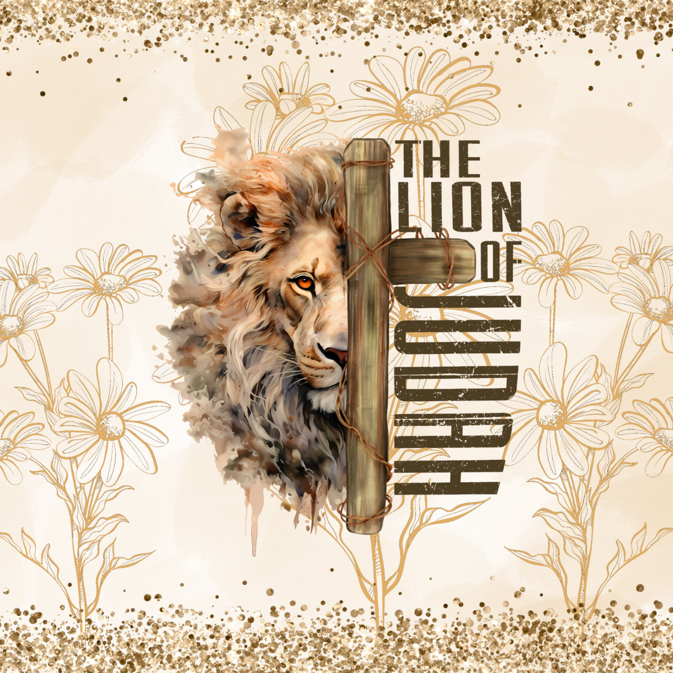 Lion of Judah with cross and daisies, neutral tones, glitter accents.