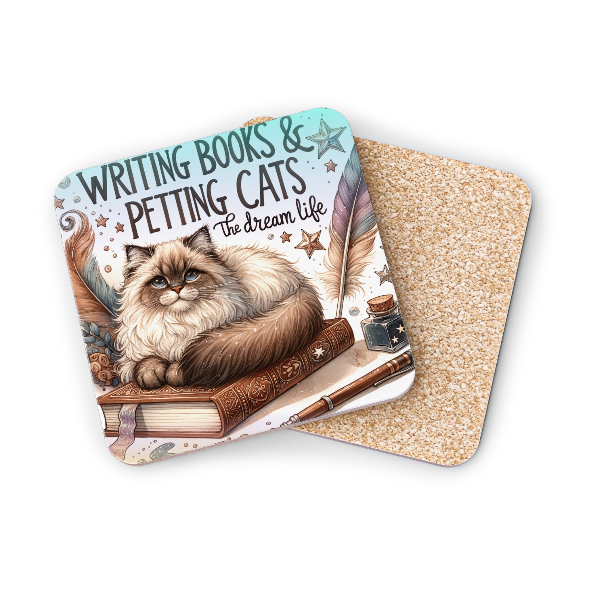 Coaster with fluffy cat on books, quill, inkwell, feathers, and text "Writing Books & Petting Cats".