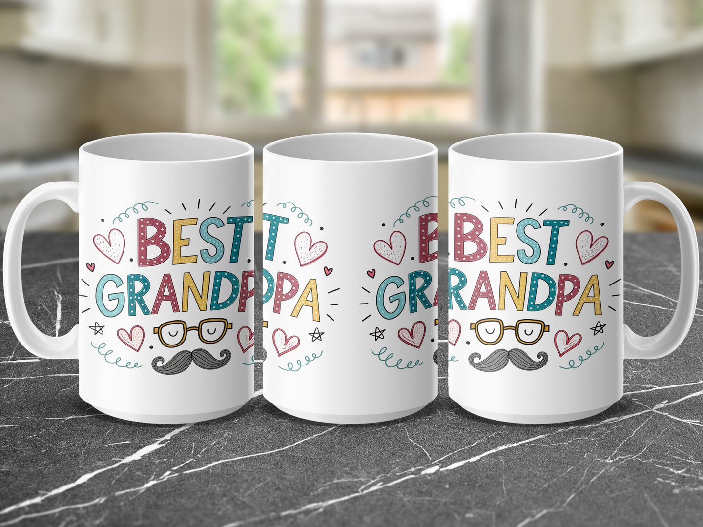 Three white mugs with "BEST GRANDPA" text and mustache graphic.