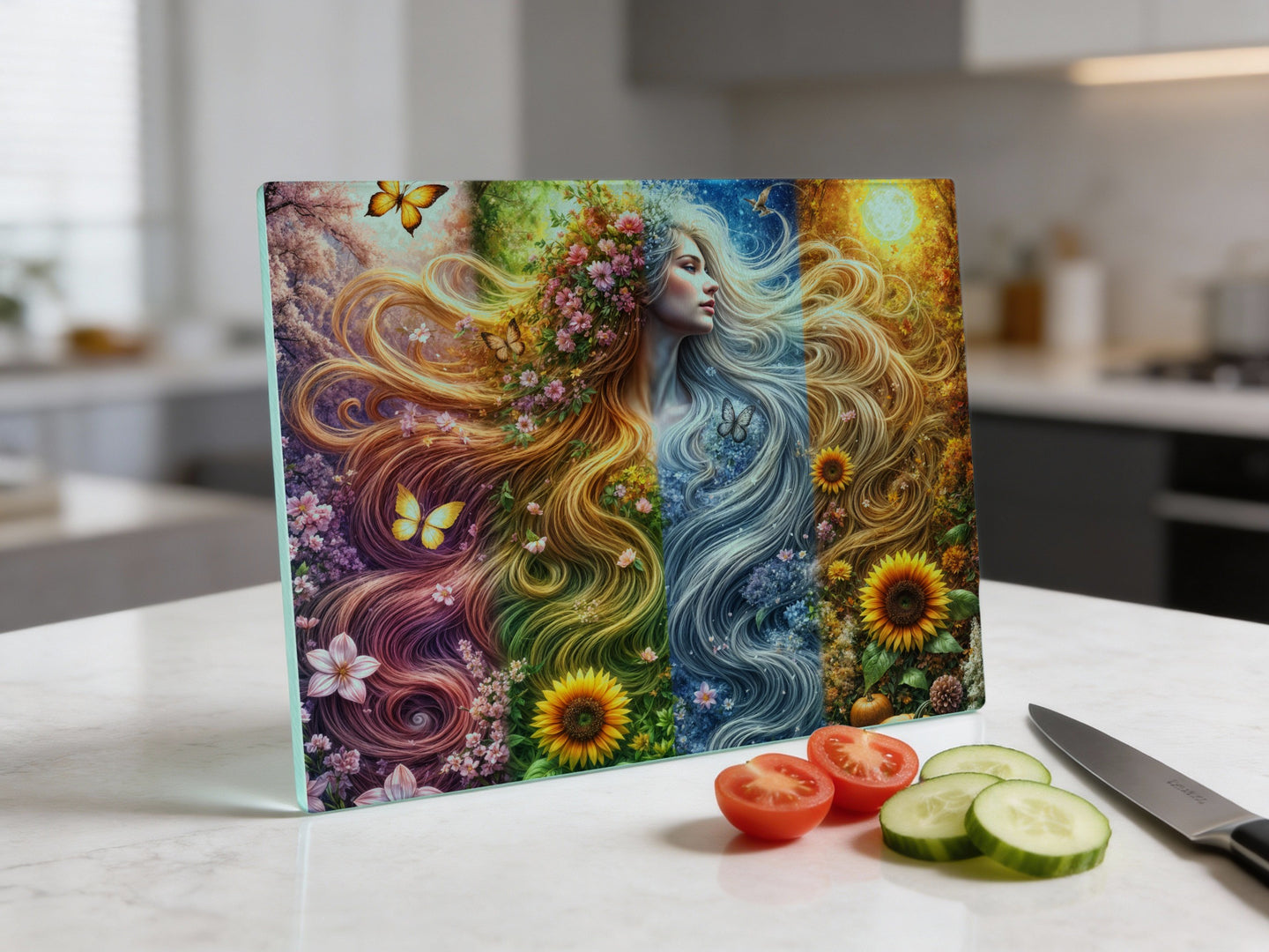 Woman with flowing hair of flowers, sun, and water elements.
