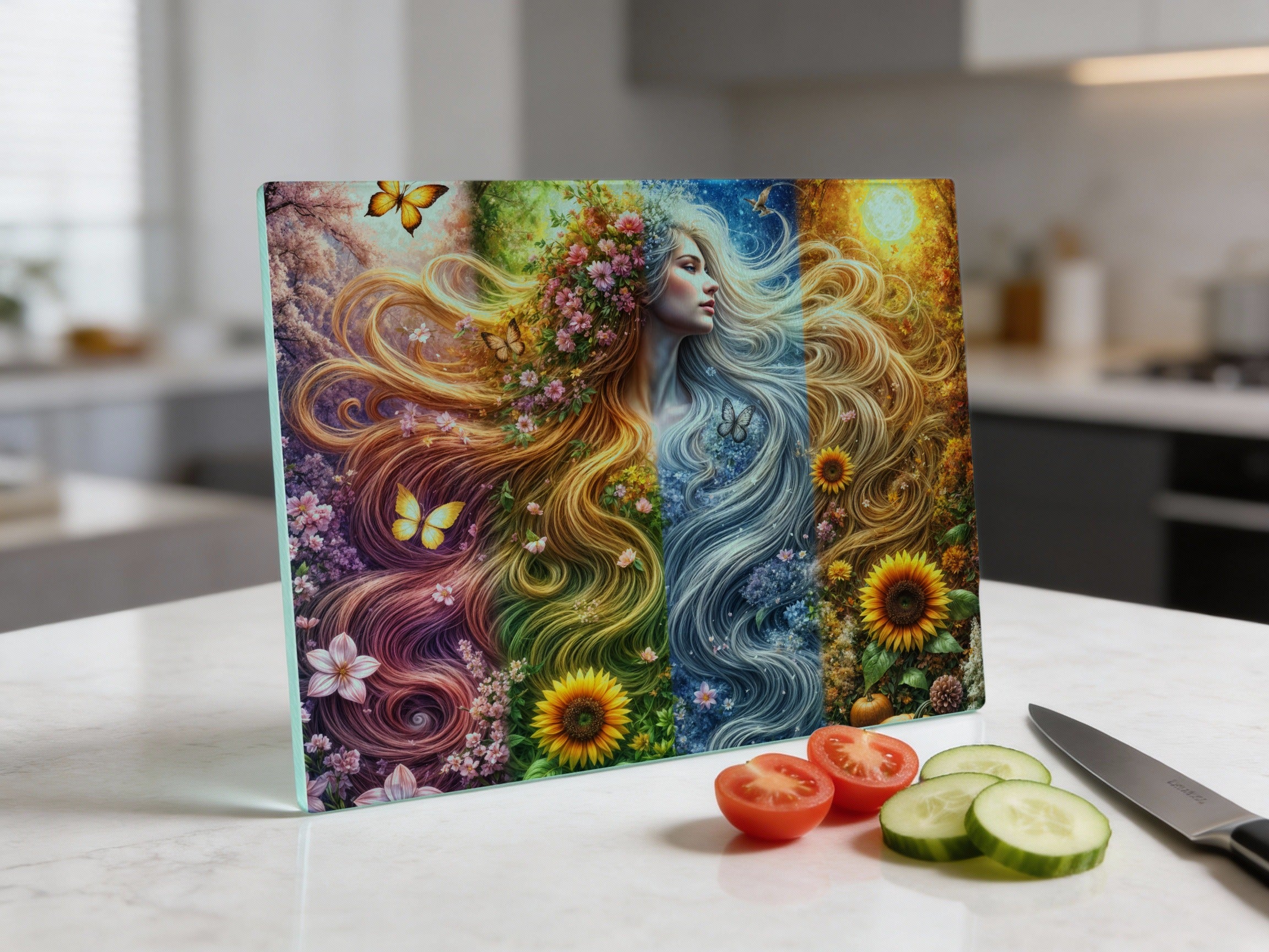 Woman with flowing hair of flowers, sun, and water elements.