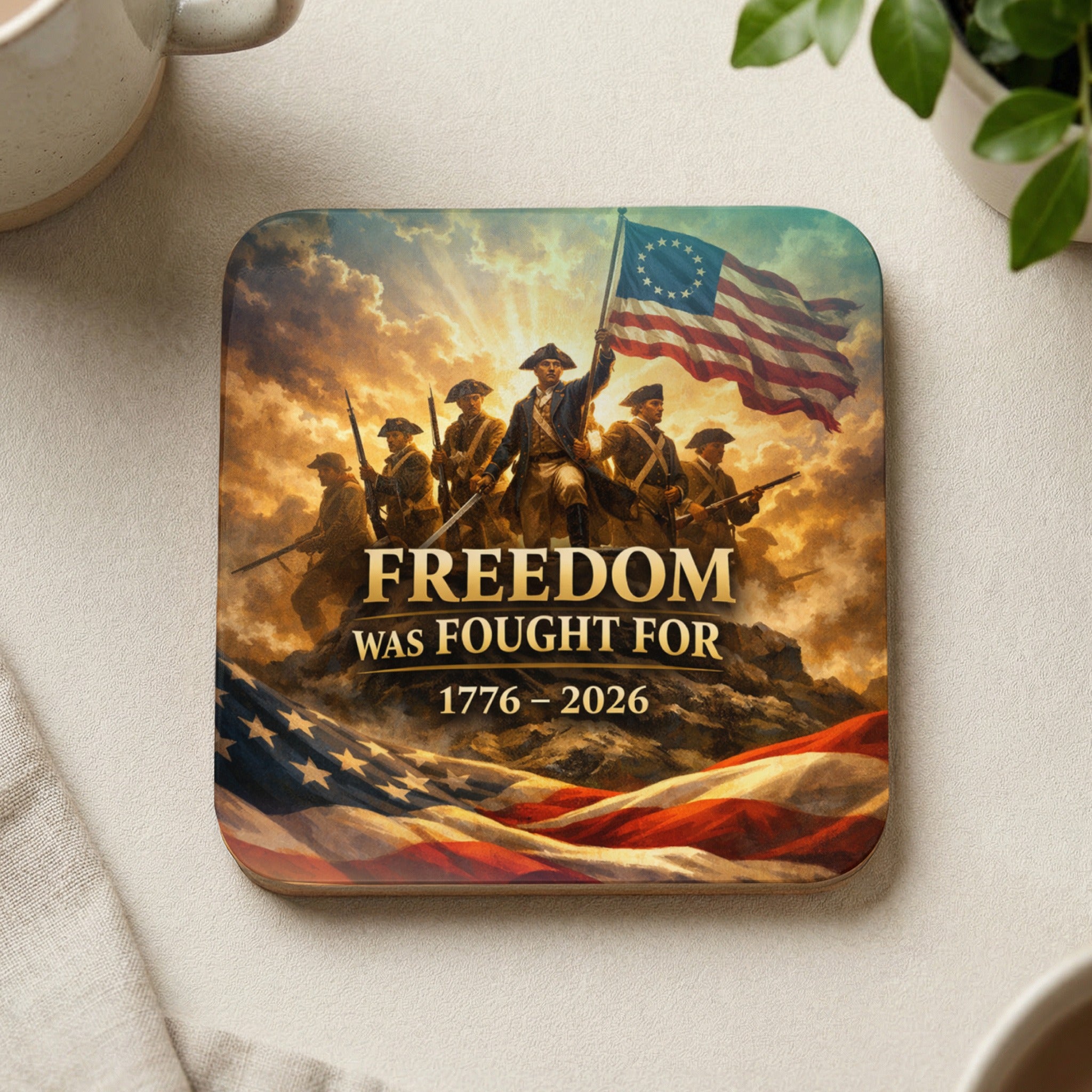 Founding Fathers holding flag, "Freedom Was Fought For 1776-2026" text.