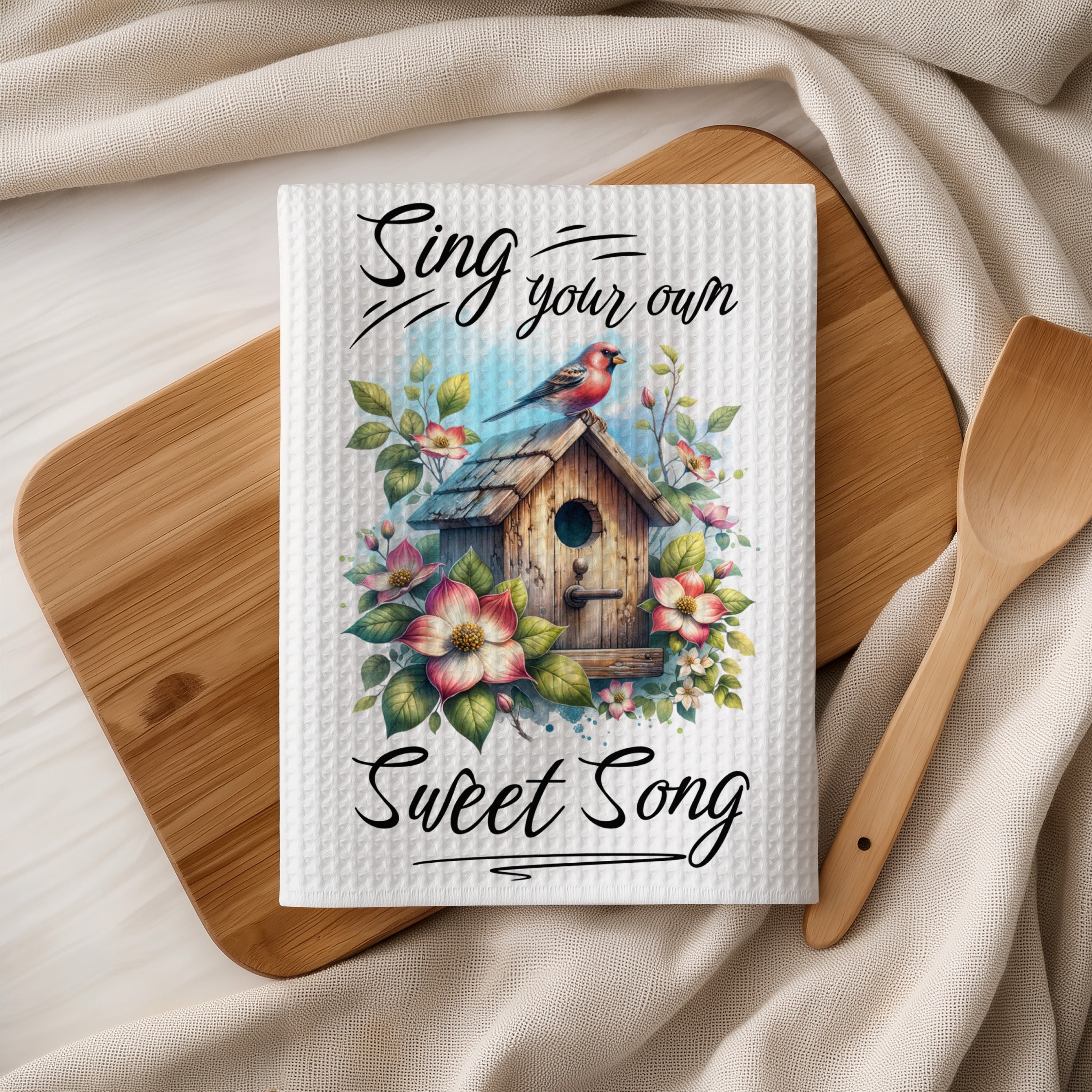 Birdhouse with "Sing your own Sweet Song" text on a textured fabric.