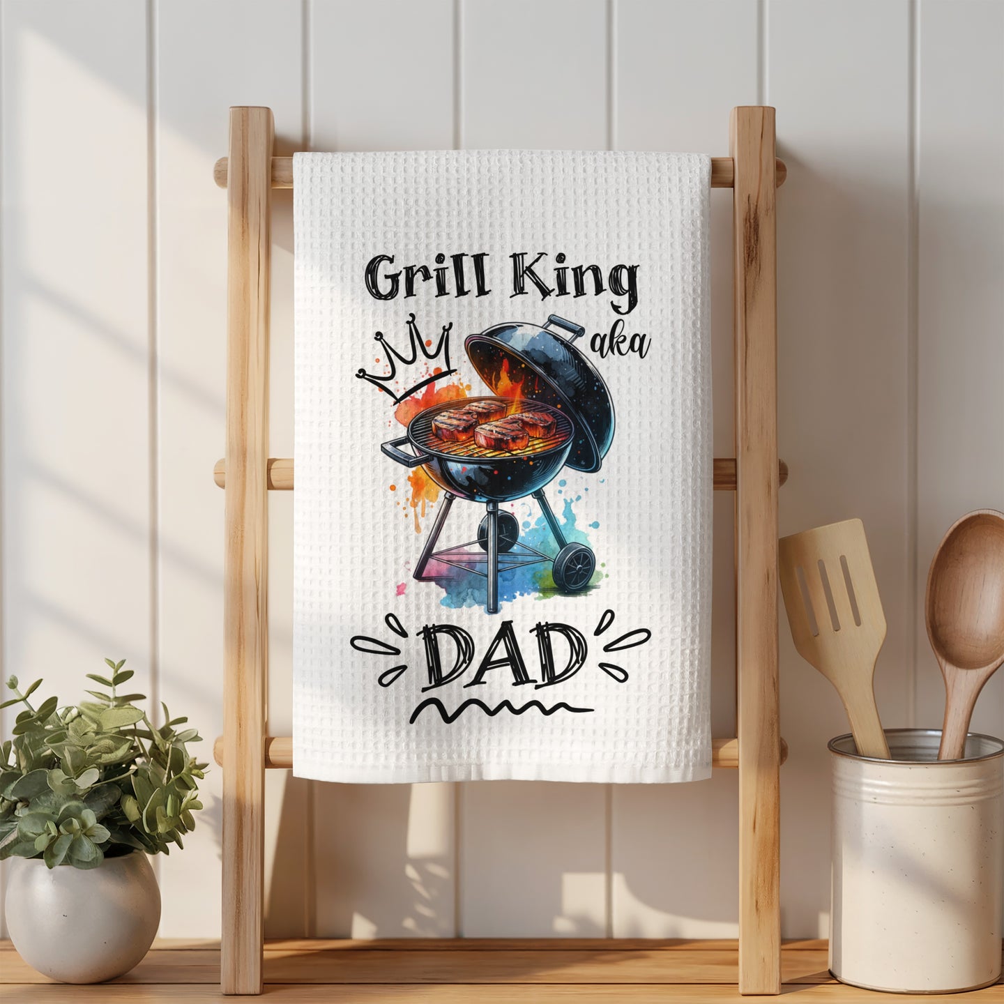 Grill King aka Dad graphic on white waffle towel.