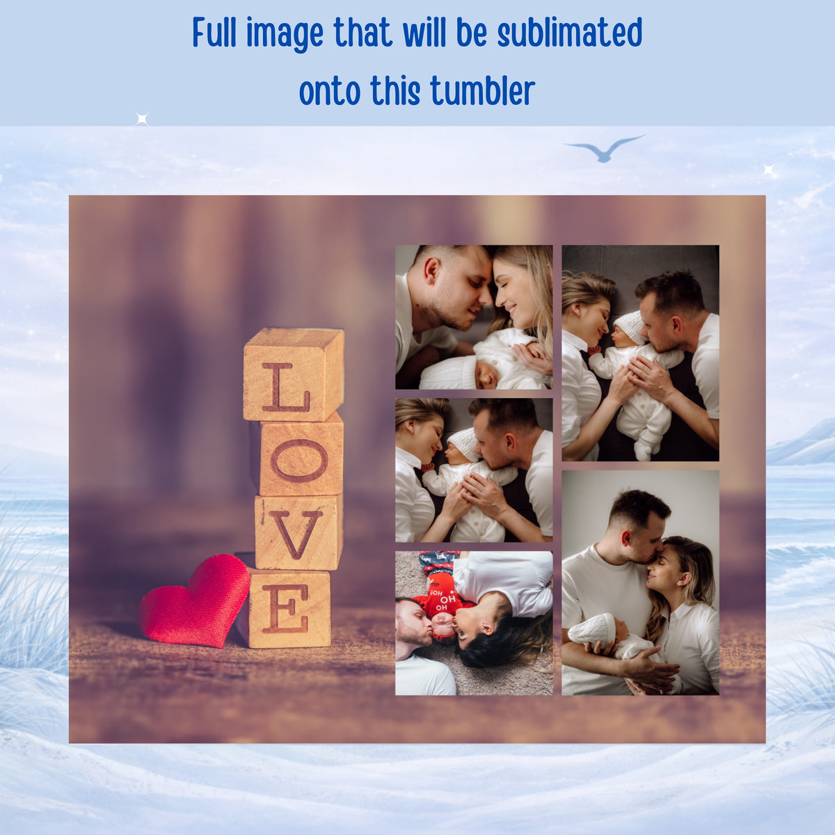 Collage of family photos with "LOVE" spelled out in wooden blocks.