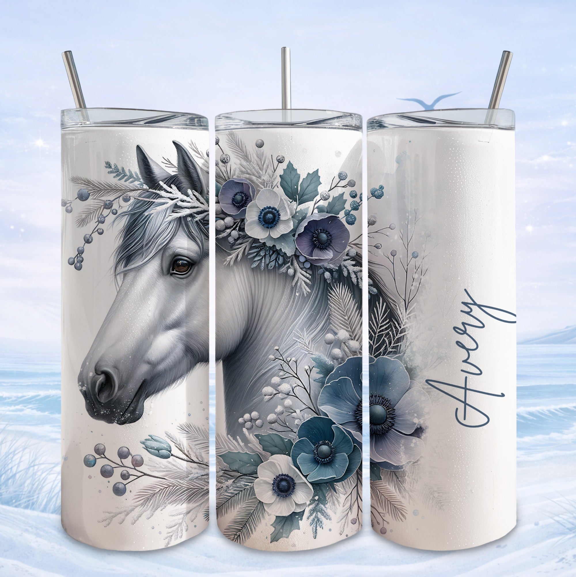 White horse with blue floral wreath on tumbler, Avery text on right.