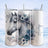 White horse with blue floral wreath on tumbler, Avery text on right.