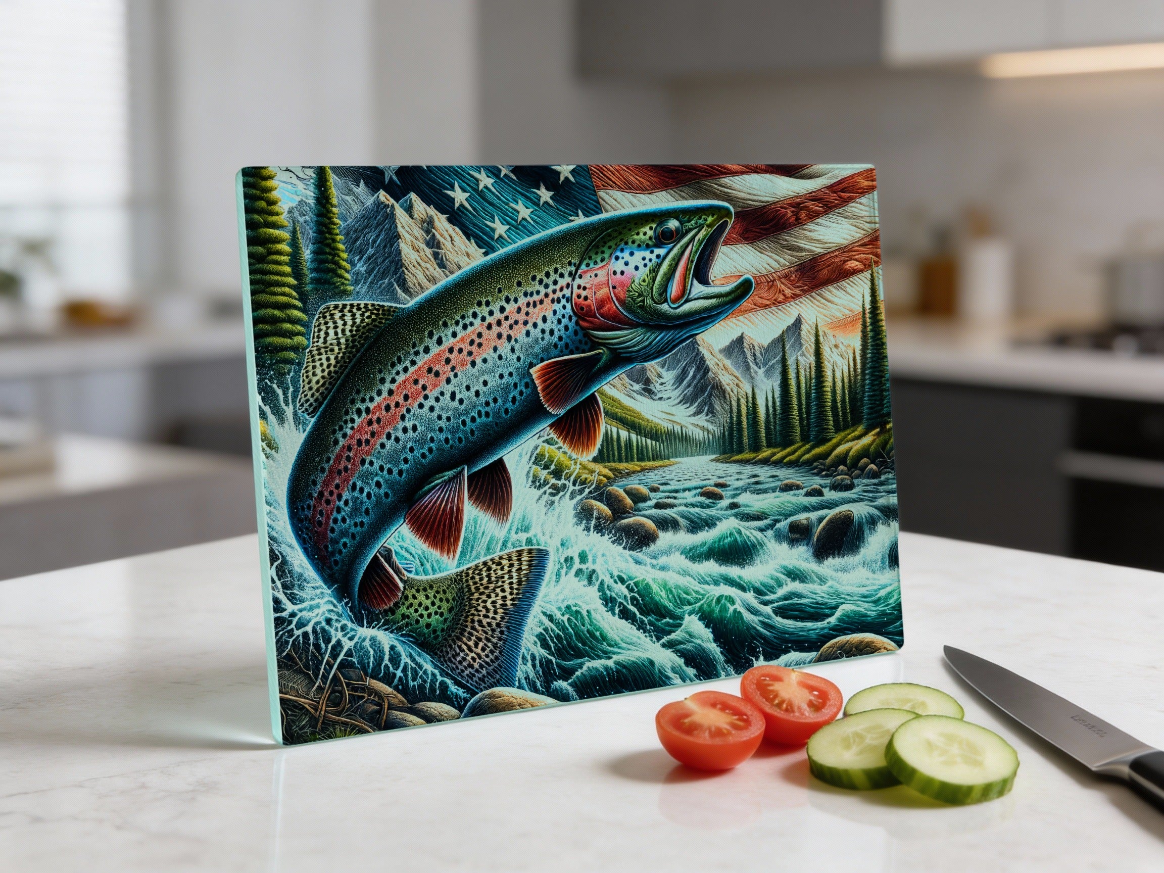Rainbow trout leaps from a river with American flag design on cutting board.