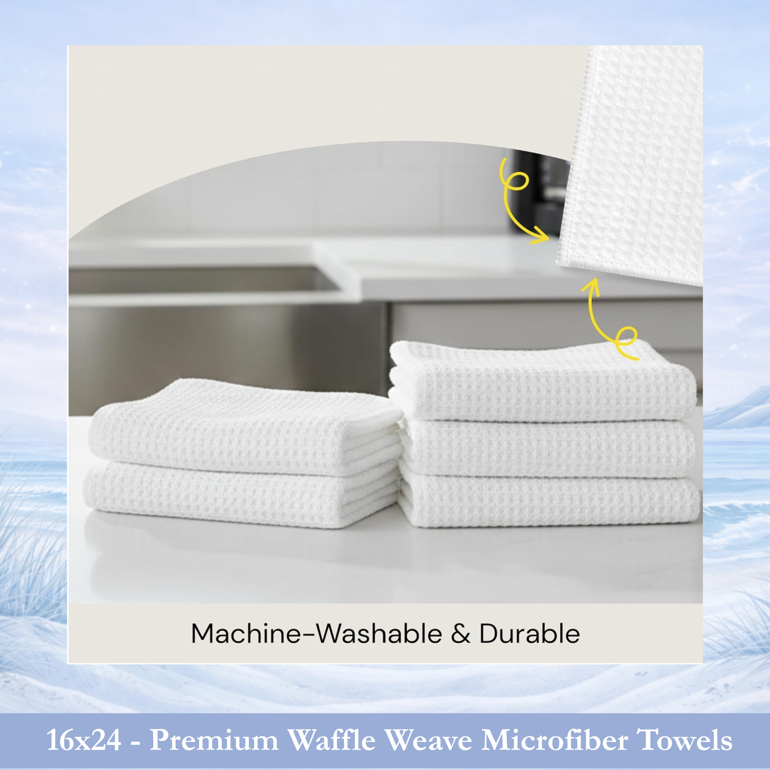 Five white premium waffle weave microfiber towels stacked, machine-washable and durable.