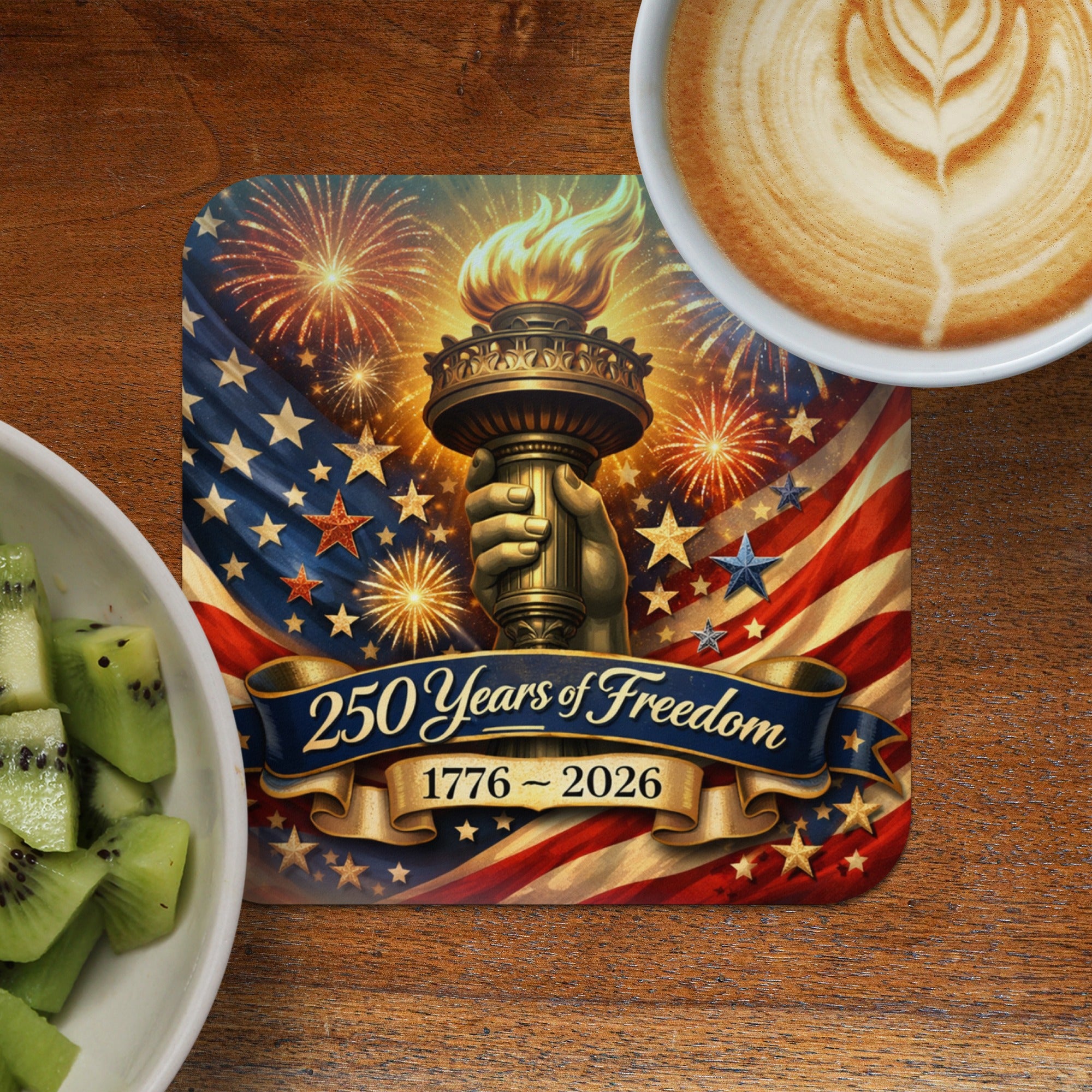 Coaster with torch, fireworks, and American flag, celebrating 250 Years of Freedom 1776-2026.