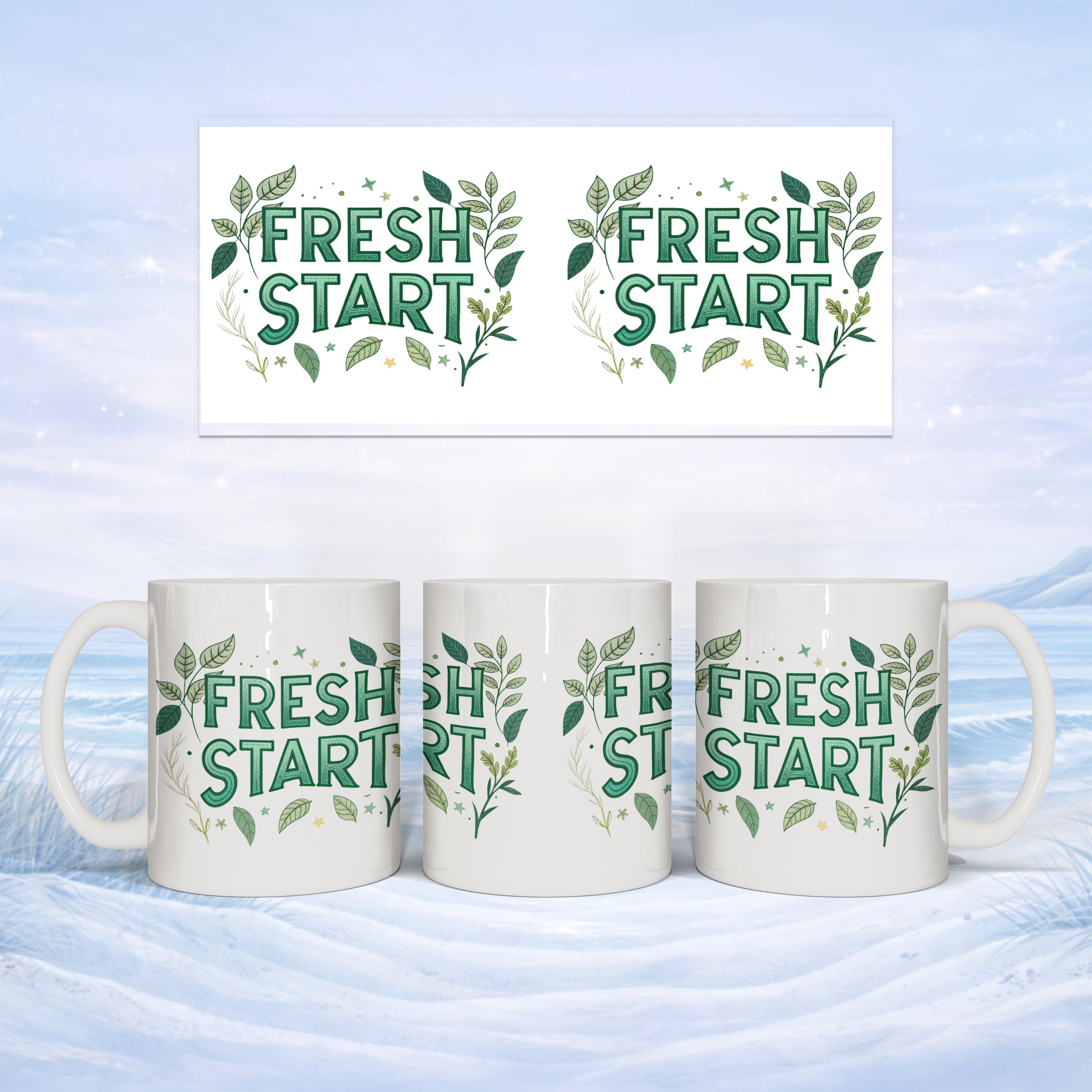 White mugs with "FRESH START" text and green leaf design.