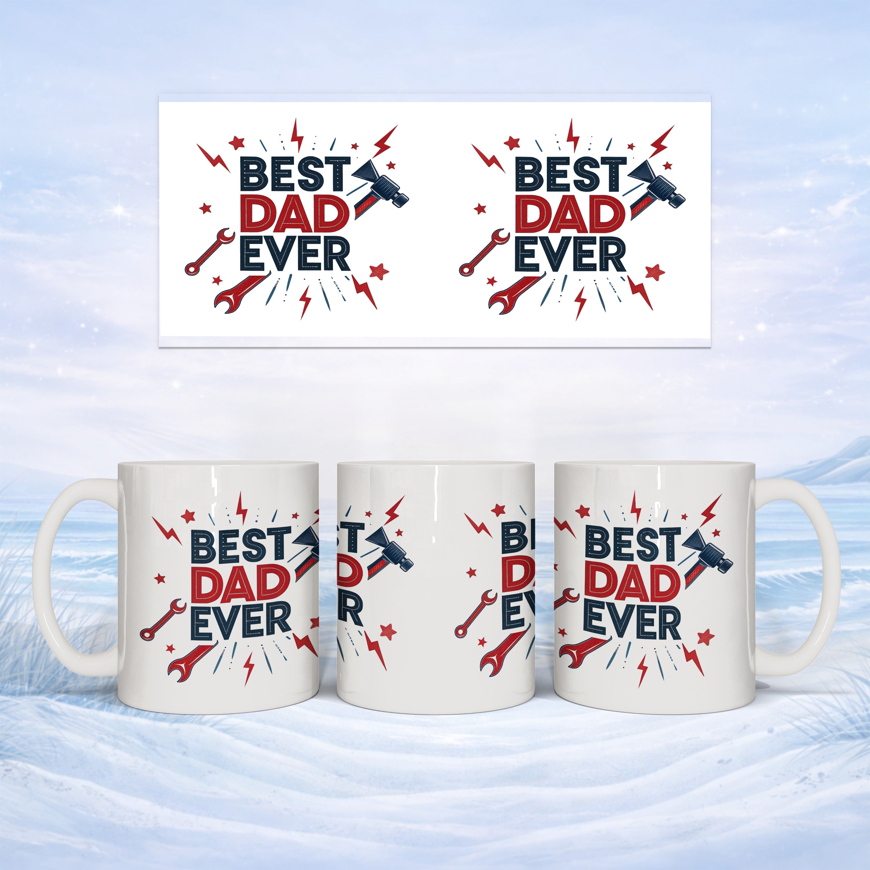 White mugs with "Best Dad Ever" and tool graphics on a winter background.