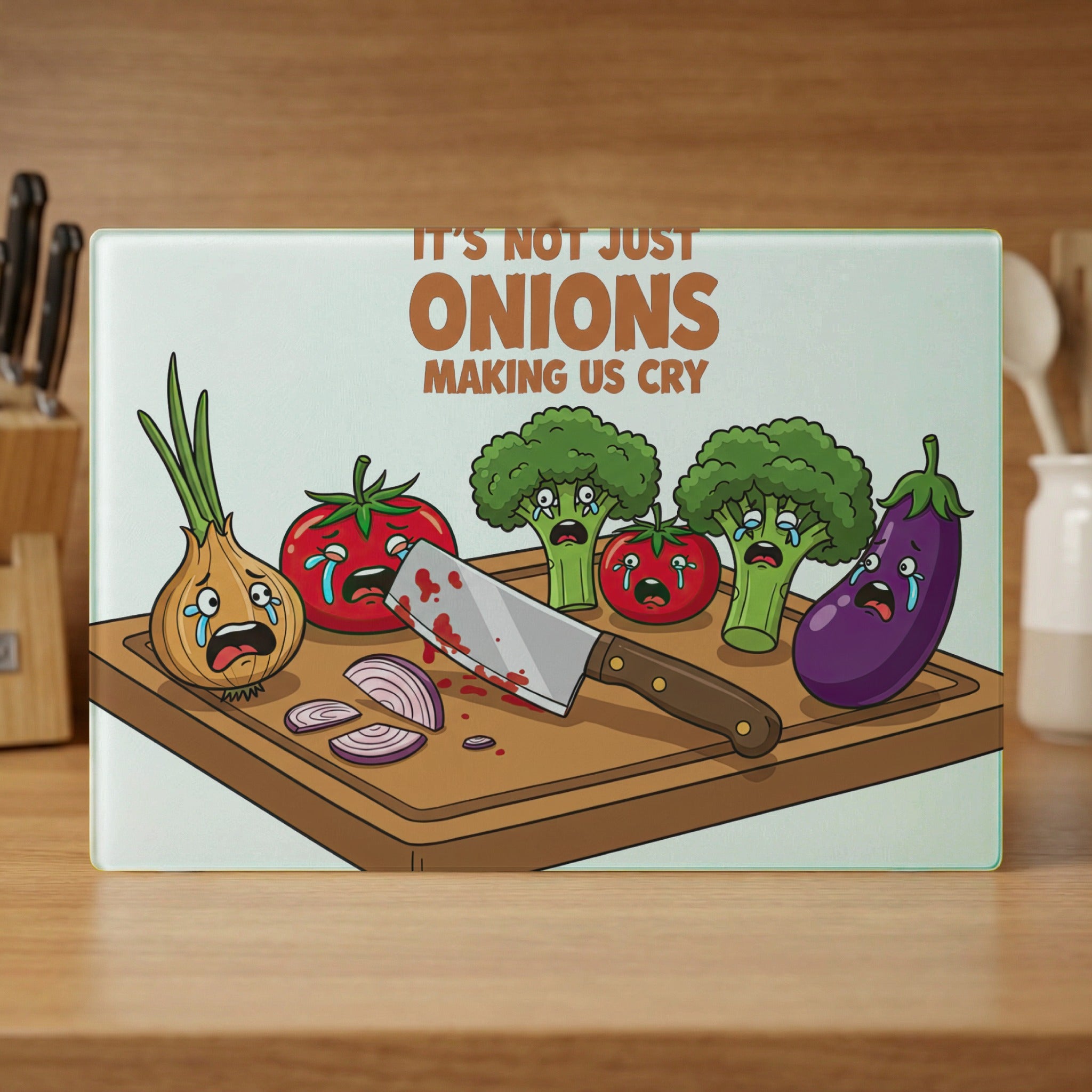 Cartoon vegetables cry on a cutting board with a bloody knife and text.
