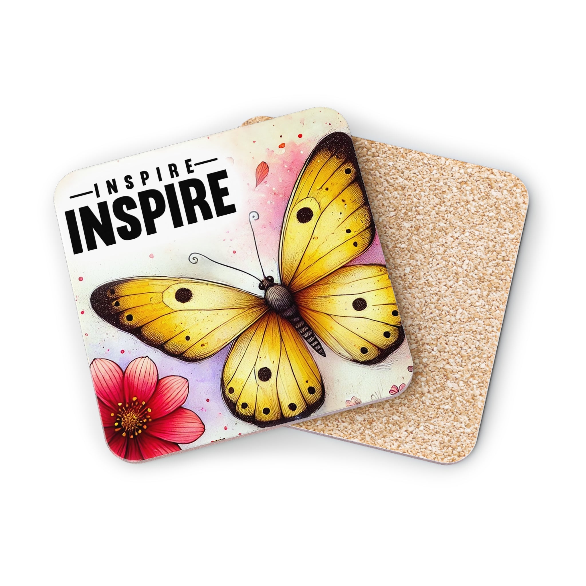 Yellow butterfly and pink flower on coasters with "INSPIRE" text.