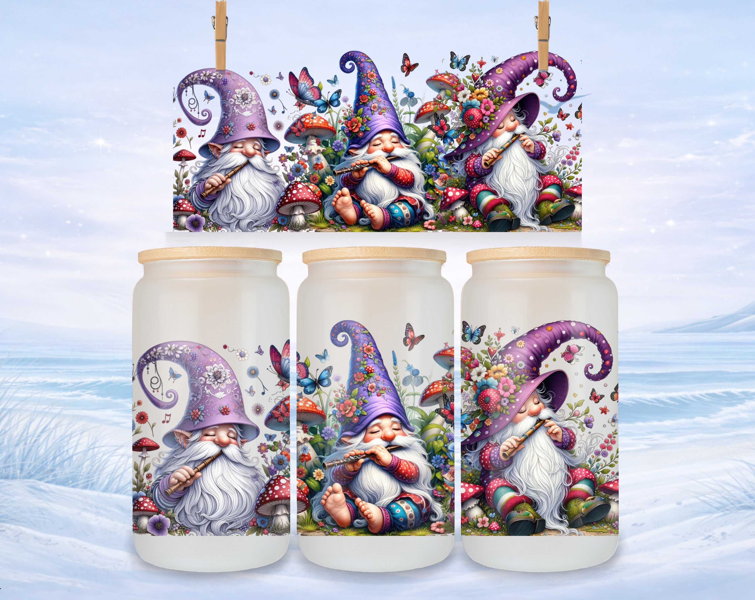 Three gnomes in purple hats playing flutes with butterflies and mushrooms.