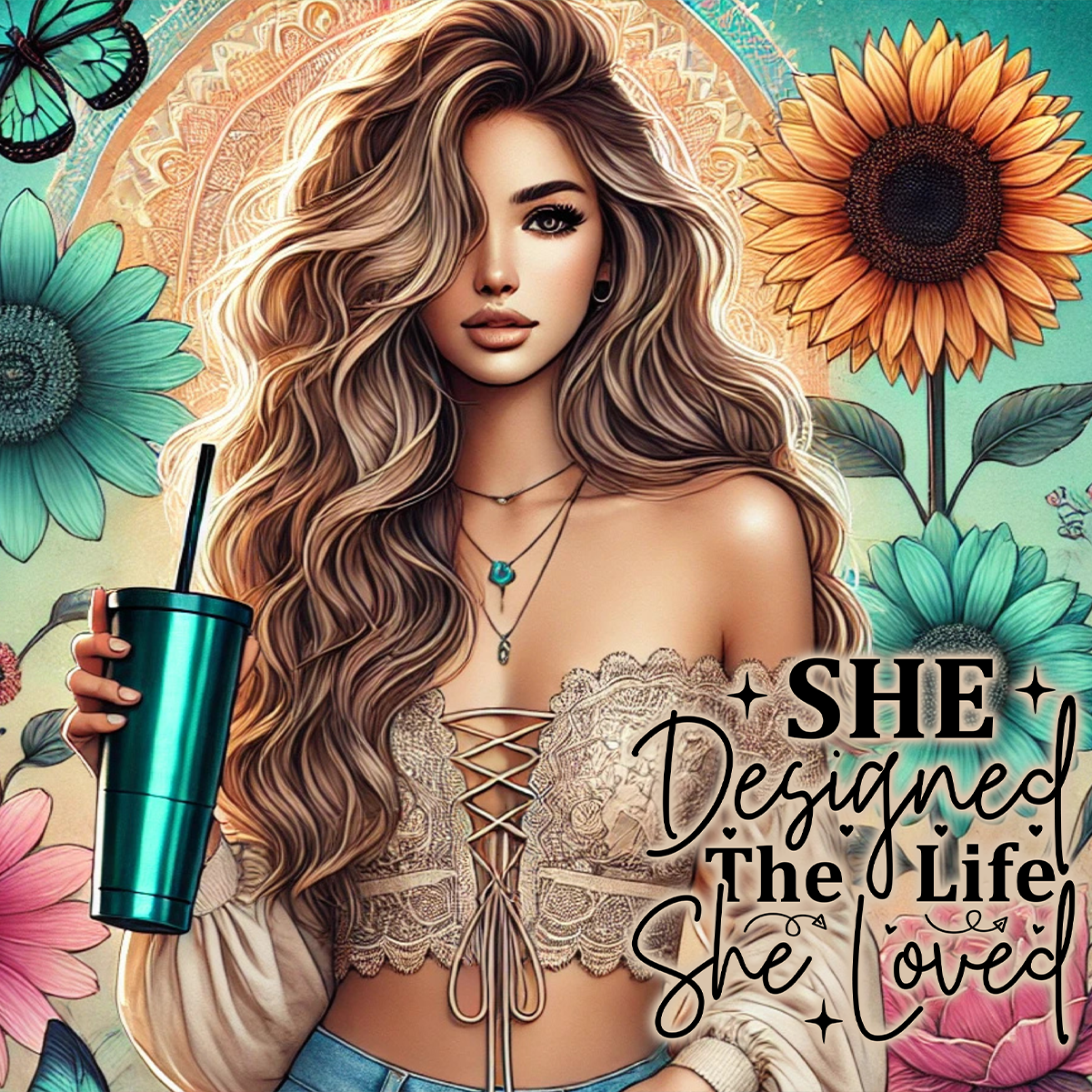 Woman holding a turquoise tumbler, with sunflowers and flowers, text reads "She Designed the Life She Loved."