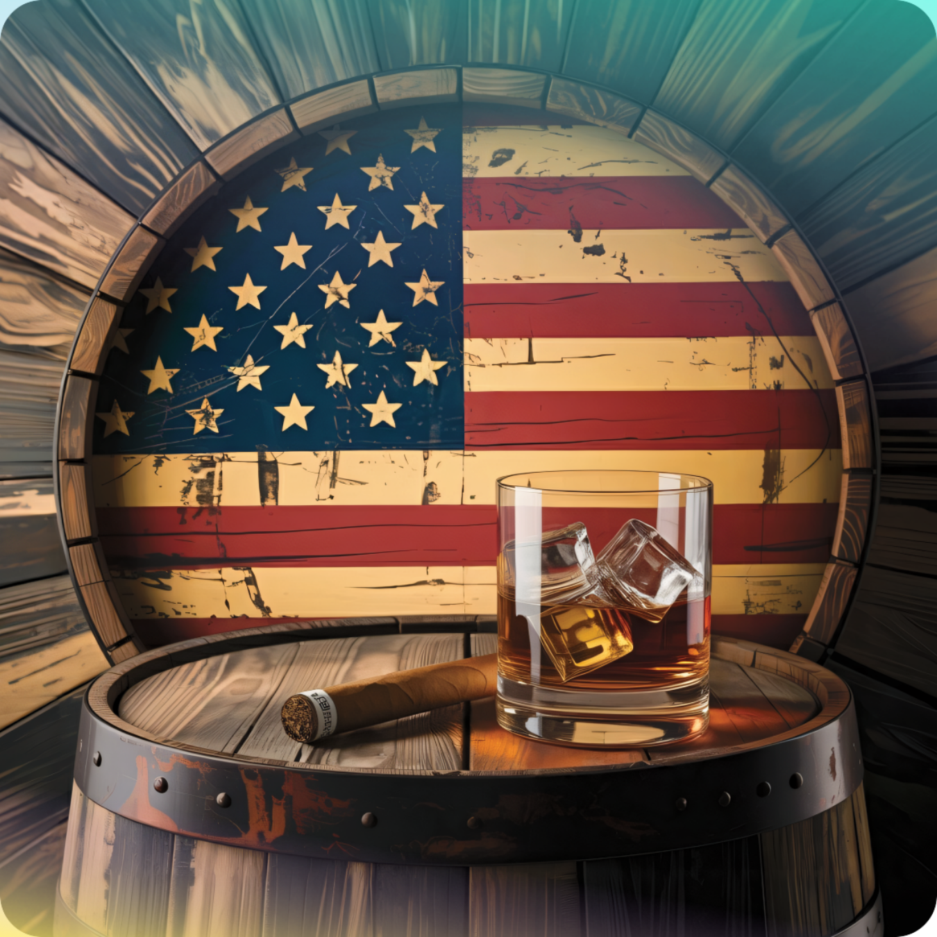 Glass of whiskey with ice and cigar in front of American flag barrel.