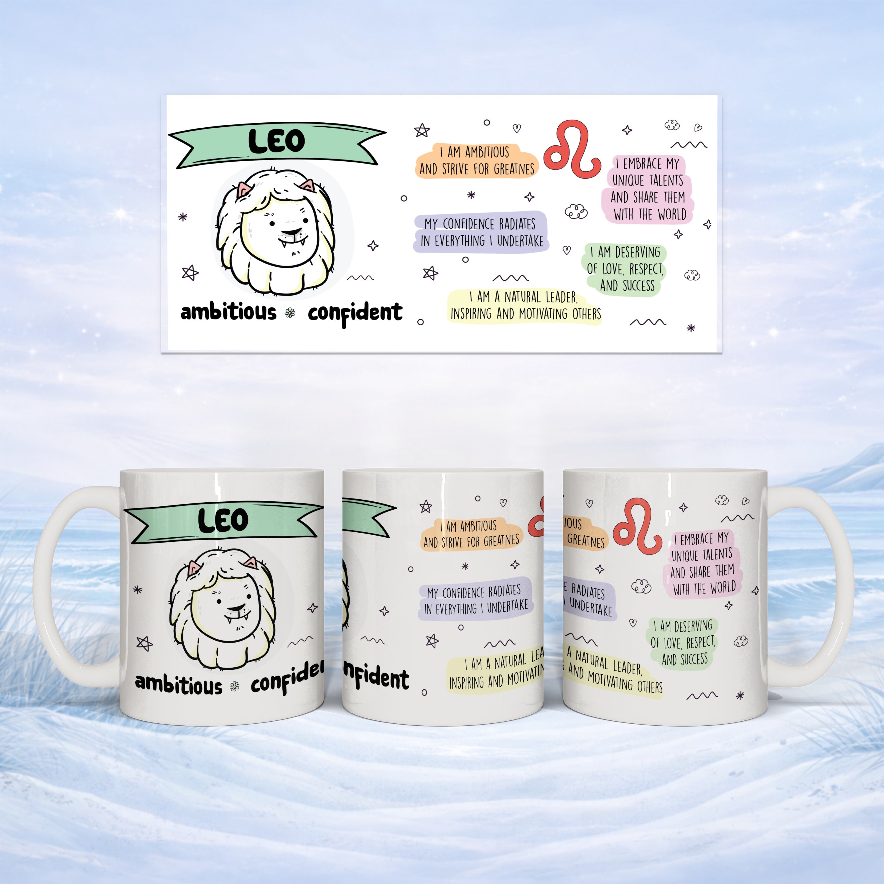 Three mugs with "LEO" and astrological descriptions on a white surface.