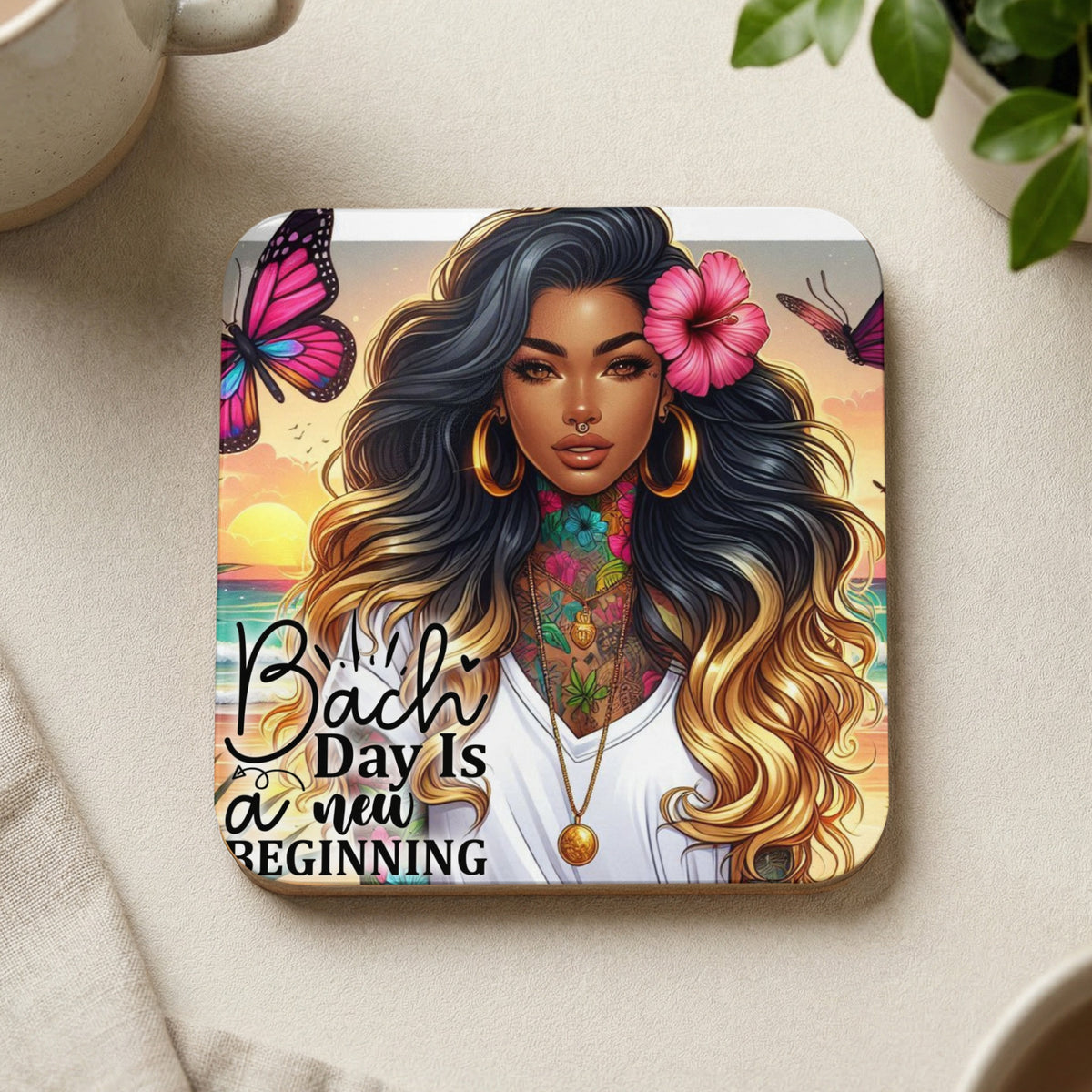 Woman with flower in hair, tattoos, and butterflies on beach sunset with text "Bach Day is a new beginning".