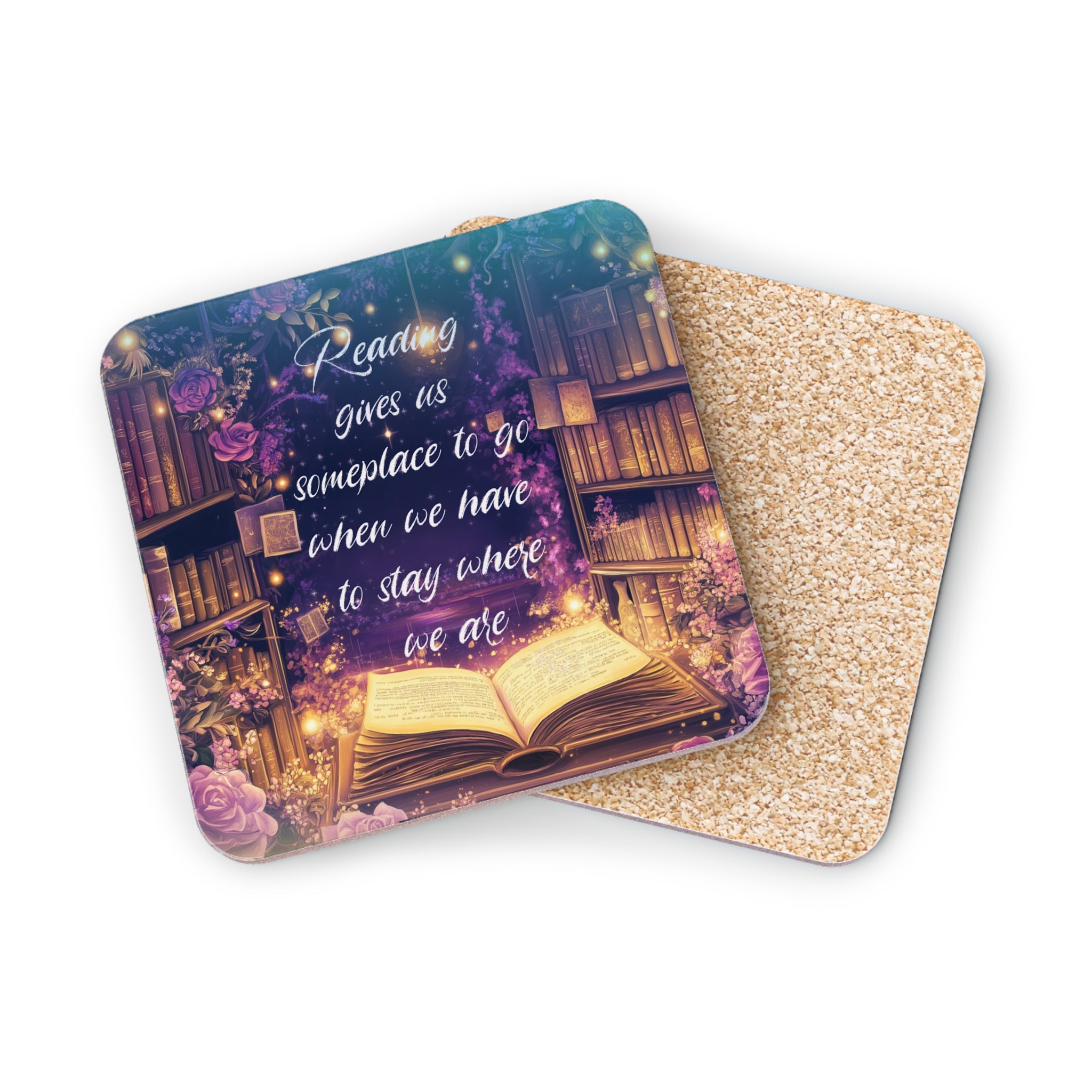 Open book with quote "Reading gives us someplace to go when we have to stay where we are."