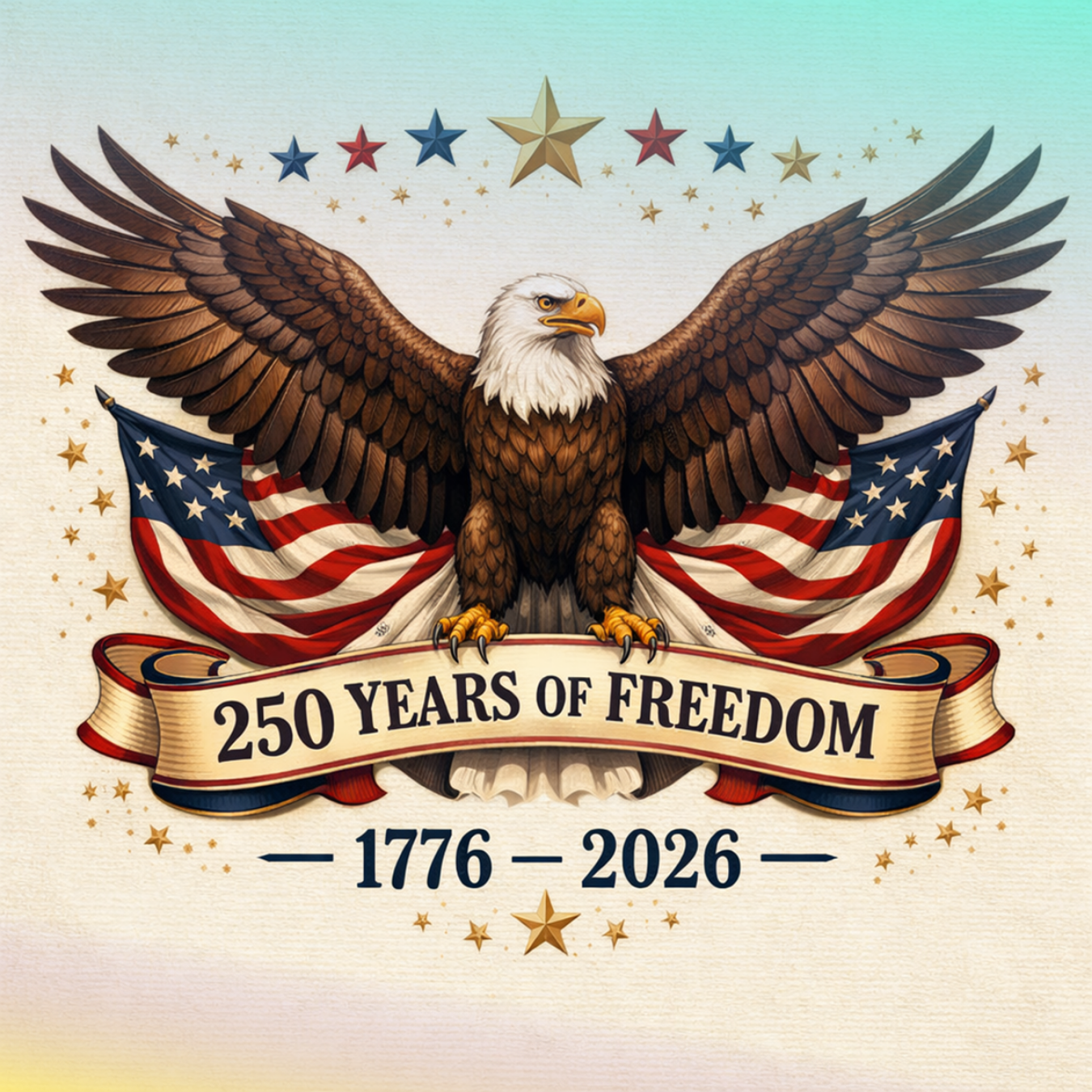 Bald eagle with outstretched wings perched on a banner reading "250 Years of Freedom 1776-2026".