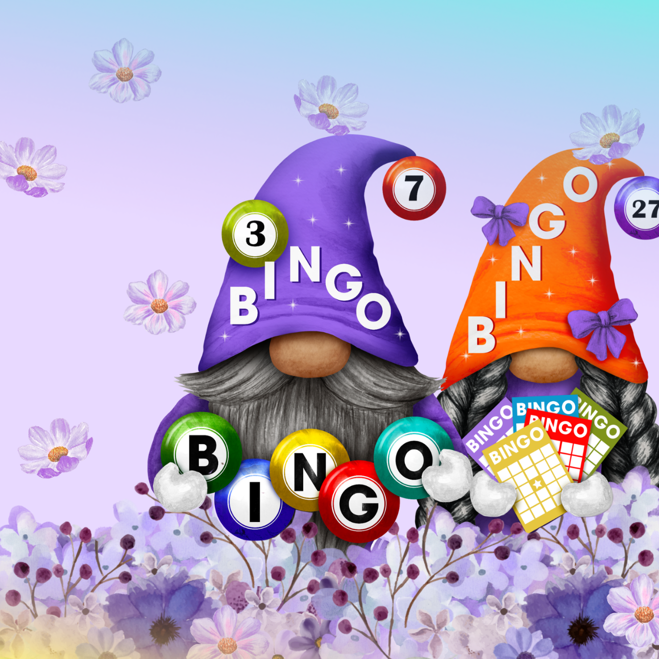 Two gnomes wear purple and orange hats, holding bingo balls and cards.