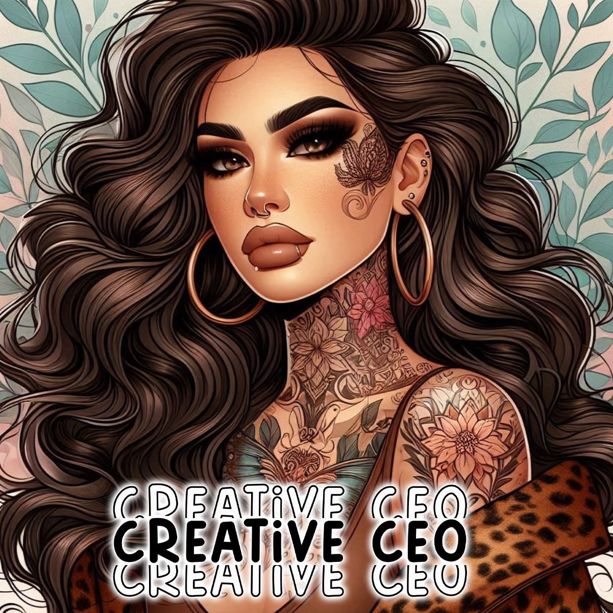 Woman with tattoos, hoop earrings, and leopard print, text "CREATIVE CEO".