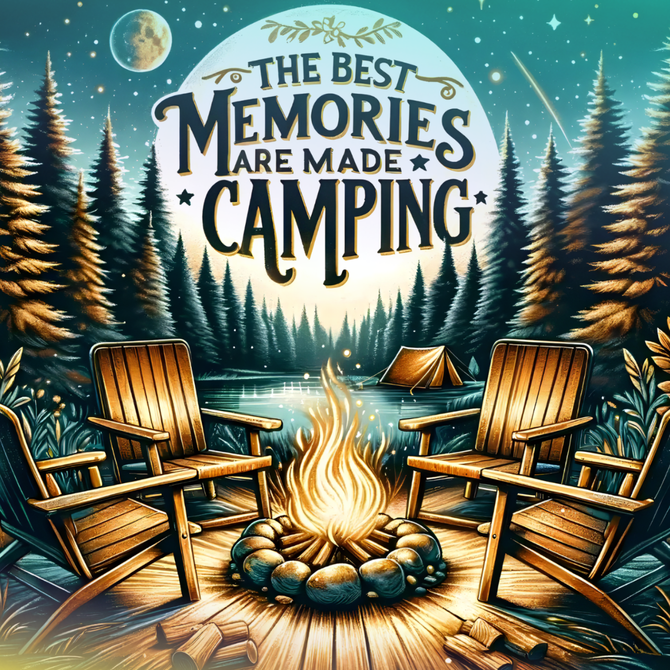 Four empty wooden chairs surround a campfire under a starry night sky.
