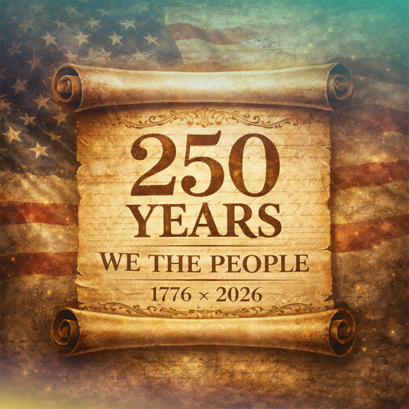 Scroll with "250 Years WE THE PEOPLE 1776 x 2026" over US flag.