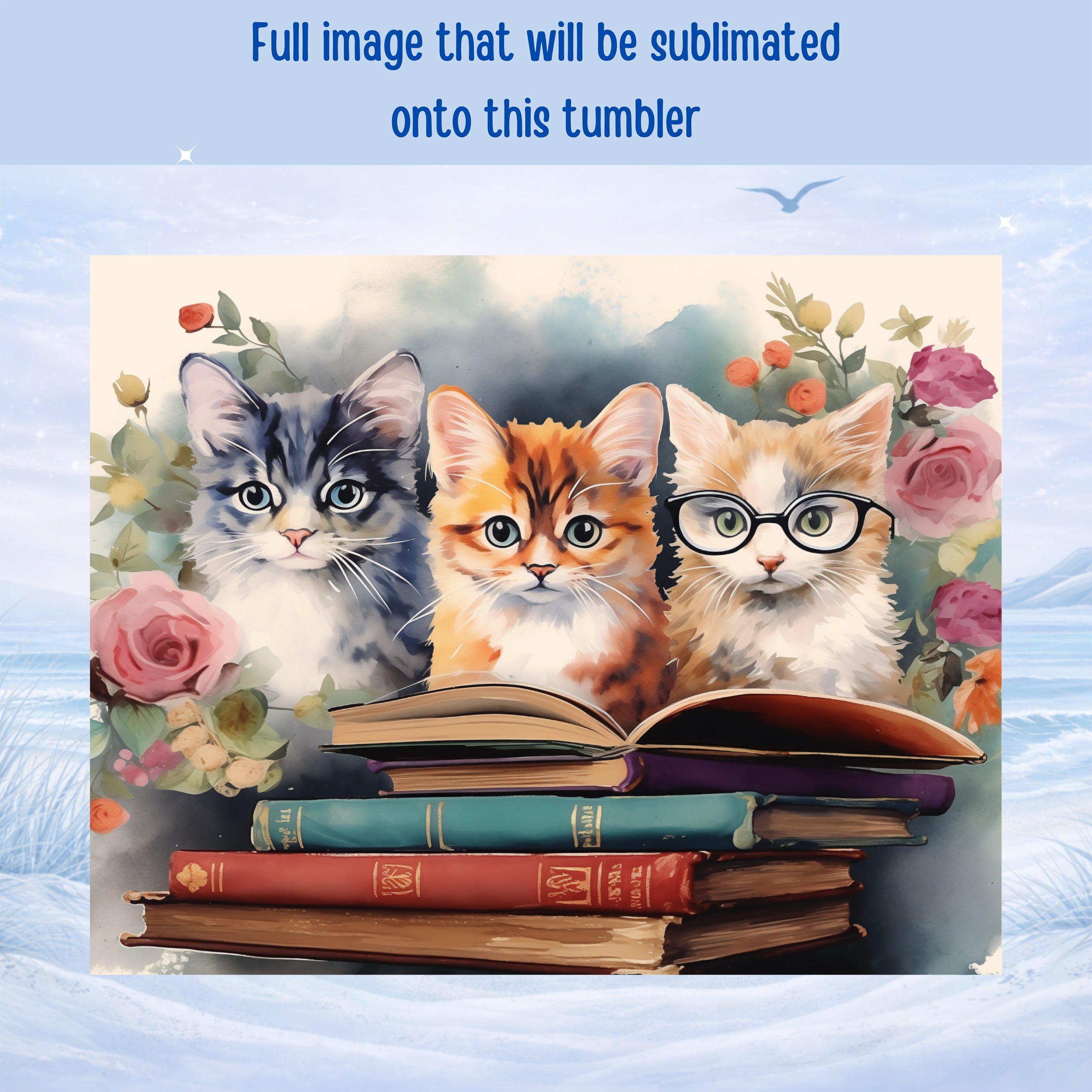 Three kittens sit on a stack of books with roses and foliage.