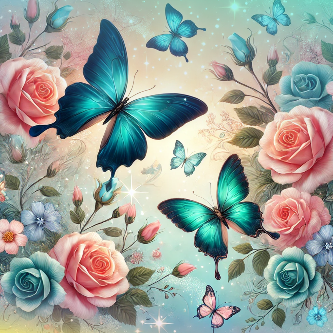 Two large teal butterflies among pink and teal roses.