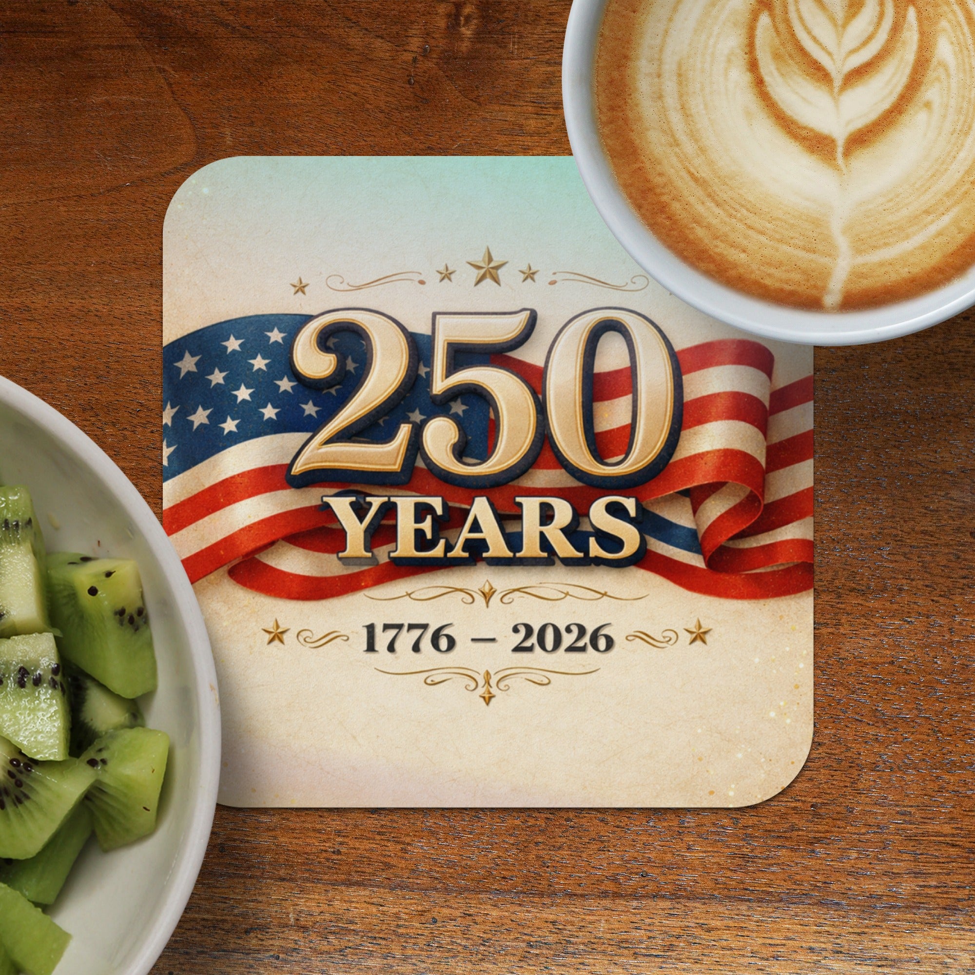 Coaster with "250 Years 1776 - 2026" text and American flag.