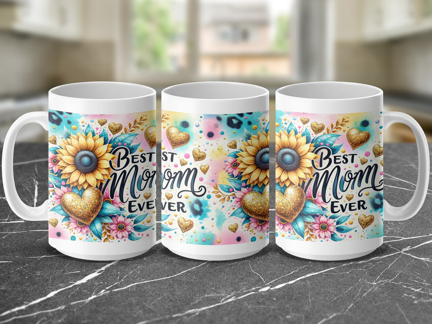 Three mugs with sunflowers, hearts, and "Best Mom Ever" text.