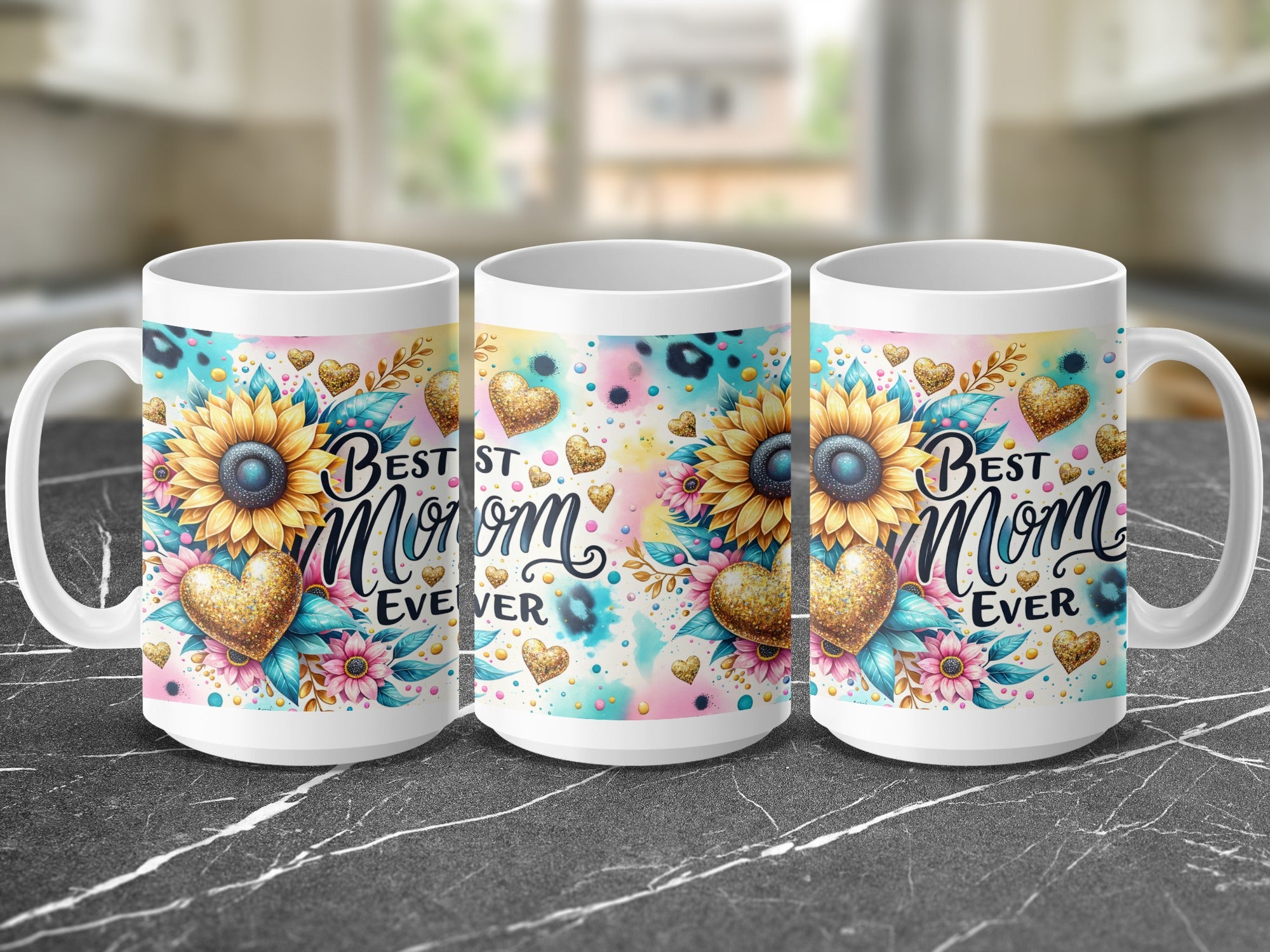 Three mugs with sunflowers, hearts, and "Best Mom Ever" text.