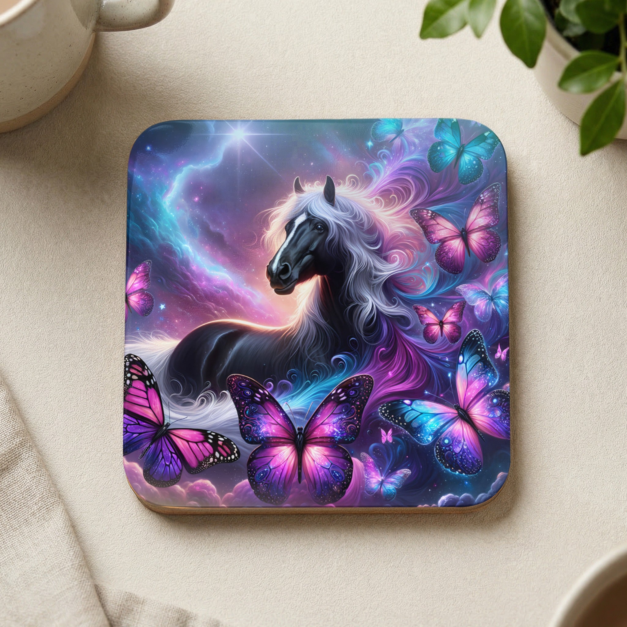 Black horse with flowing mane surrounded by colorful, glowing butterflies in a starry sky.