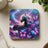 Black horse with flowing mane surrounded by colorful, glowing butterflies in a starry sky.