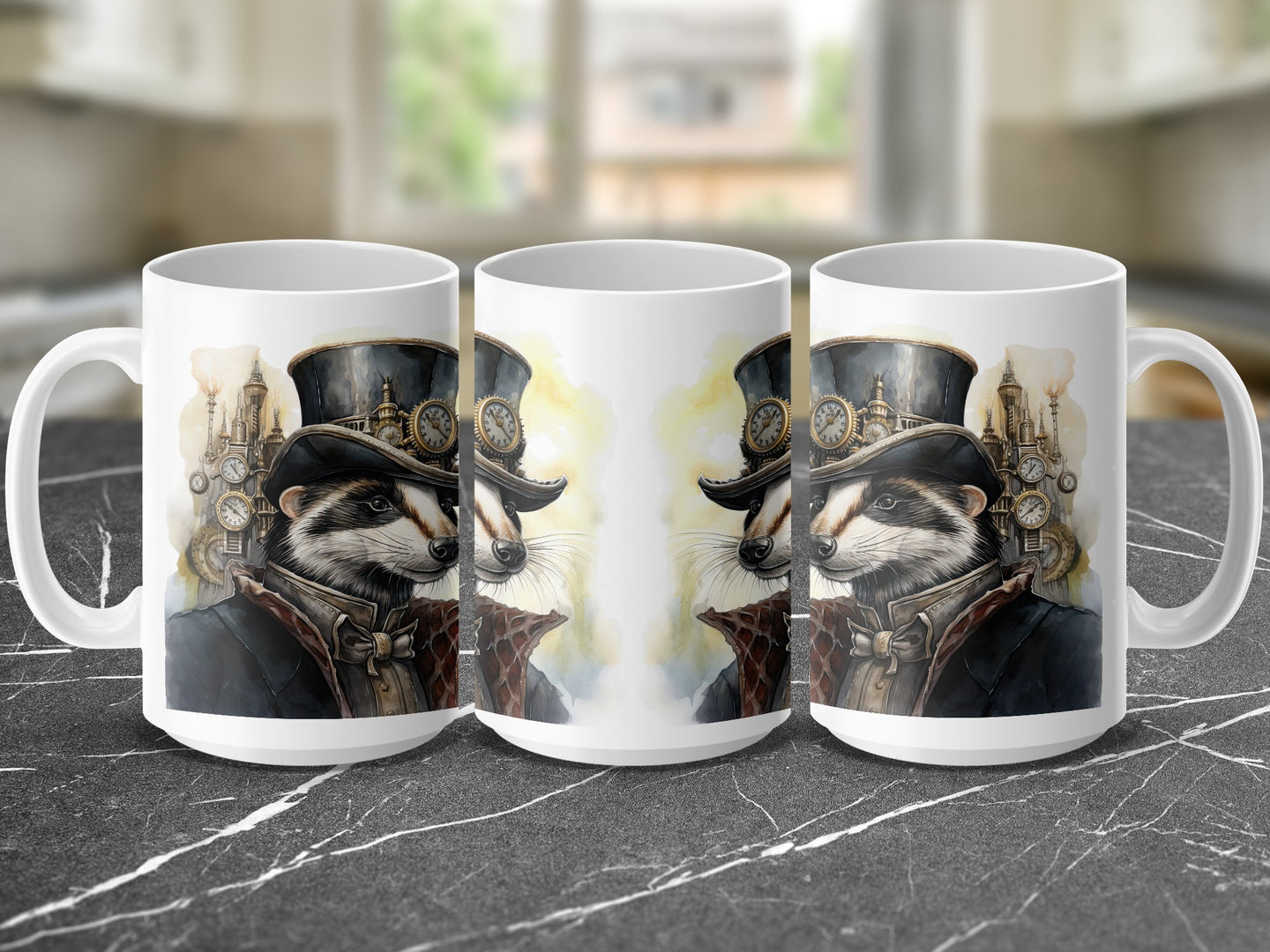 Steampunk badger in top hat and goggles on mug, three views.
