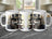 Steampunk badger in top hat and goggles on mug, three views.