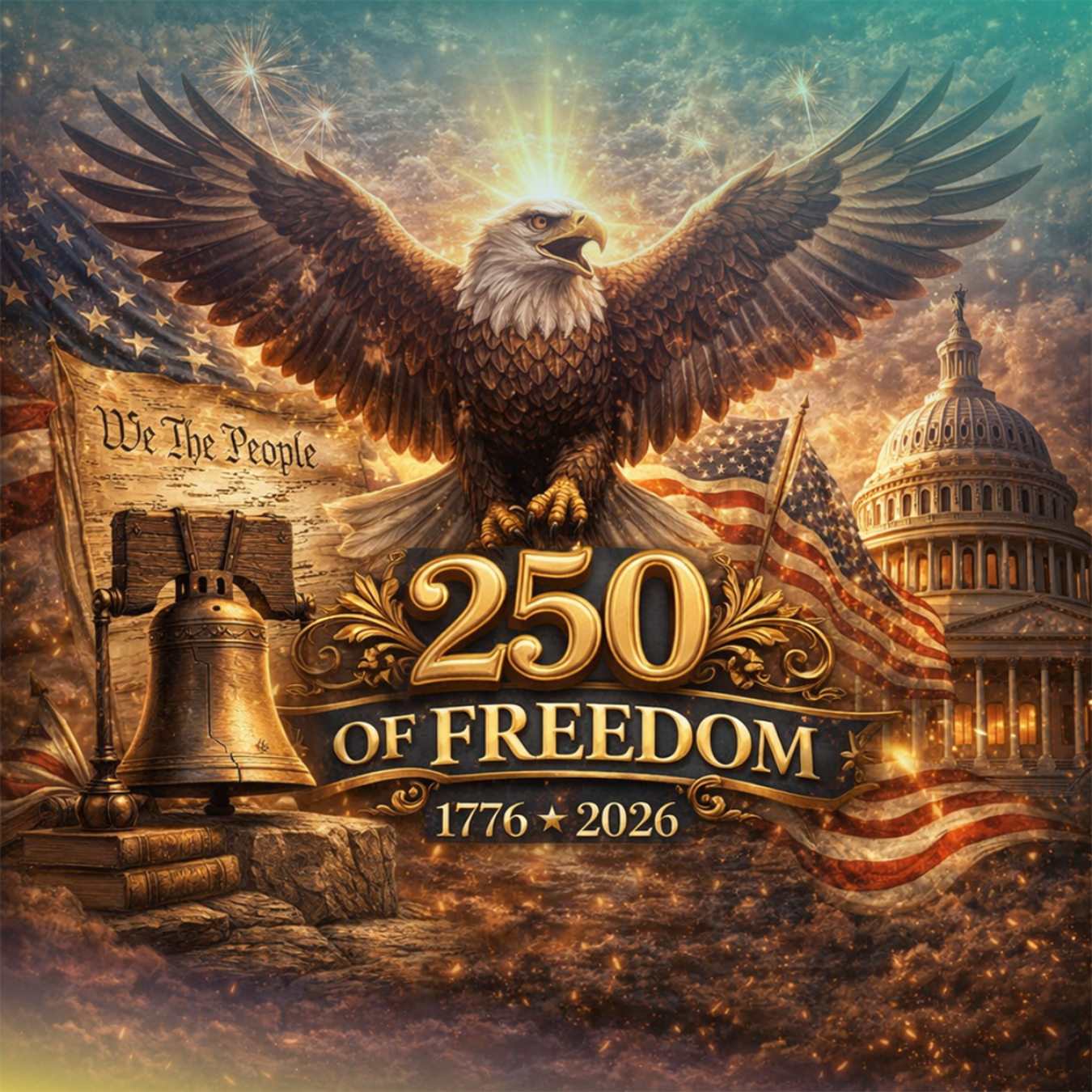 Eagle over Liberty Bell, Capitol building, and US flags with "250 OF FREEDOM" text.
