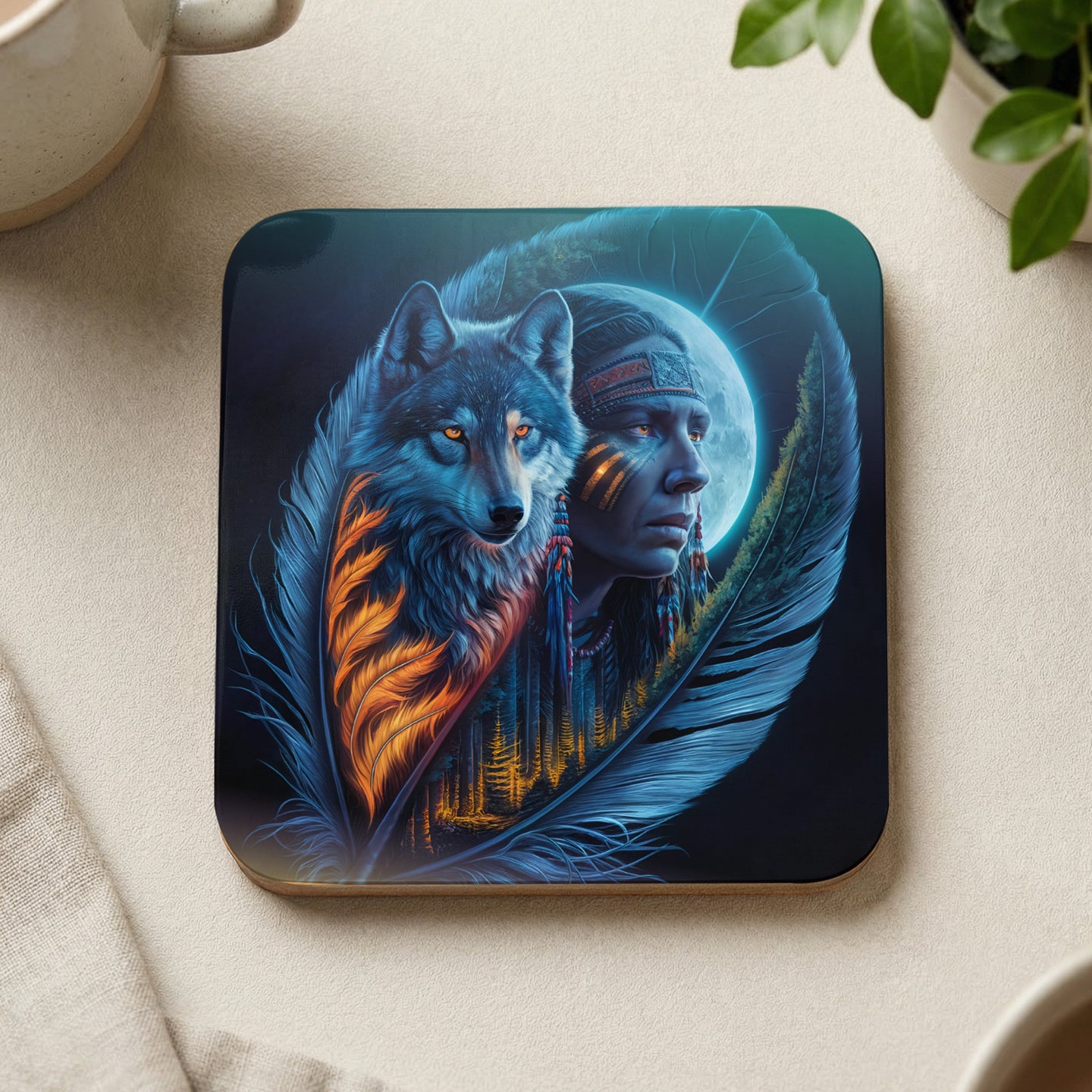 Wolf and Native American man profile against moon and forest, with feather.