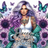 Woman with purple hair and tattoos, surrounded by sunflowers and butterflies, text "Dream Big Never Give Up."